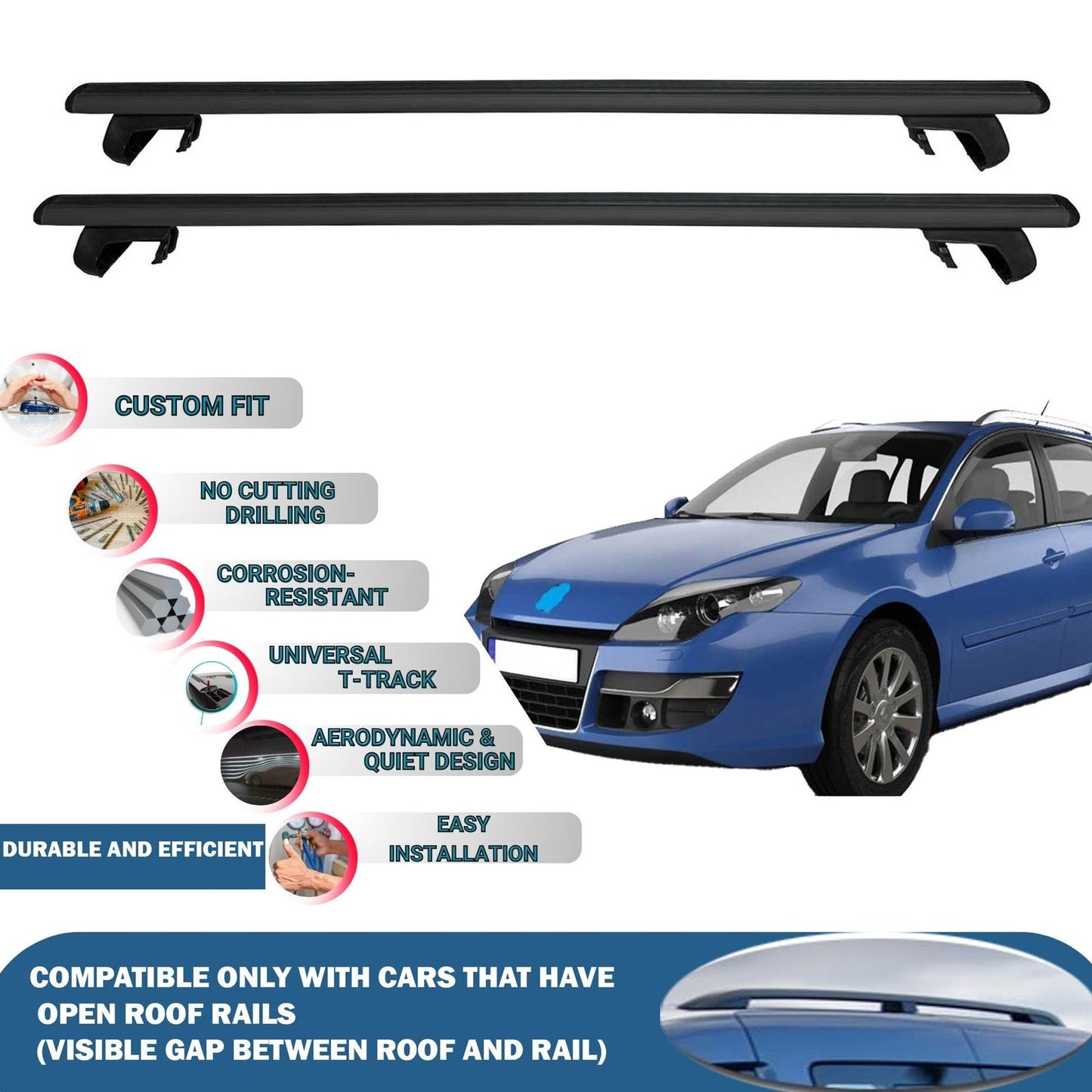 Roof Rack Cross Bars for Renault Laguna X91 Estate/G.tour 2008-2015 Rail Carrier for Roof Tents 2 Pcs Black