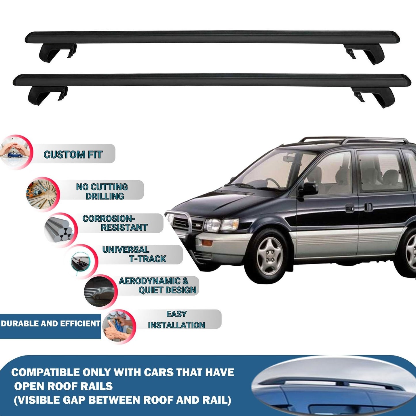 Roof Rack Cross Bars for Mitsubishi Space Runner 1997-2002 Rail Carrier for Roof Tents 2 Pcs Black
