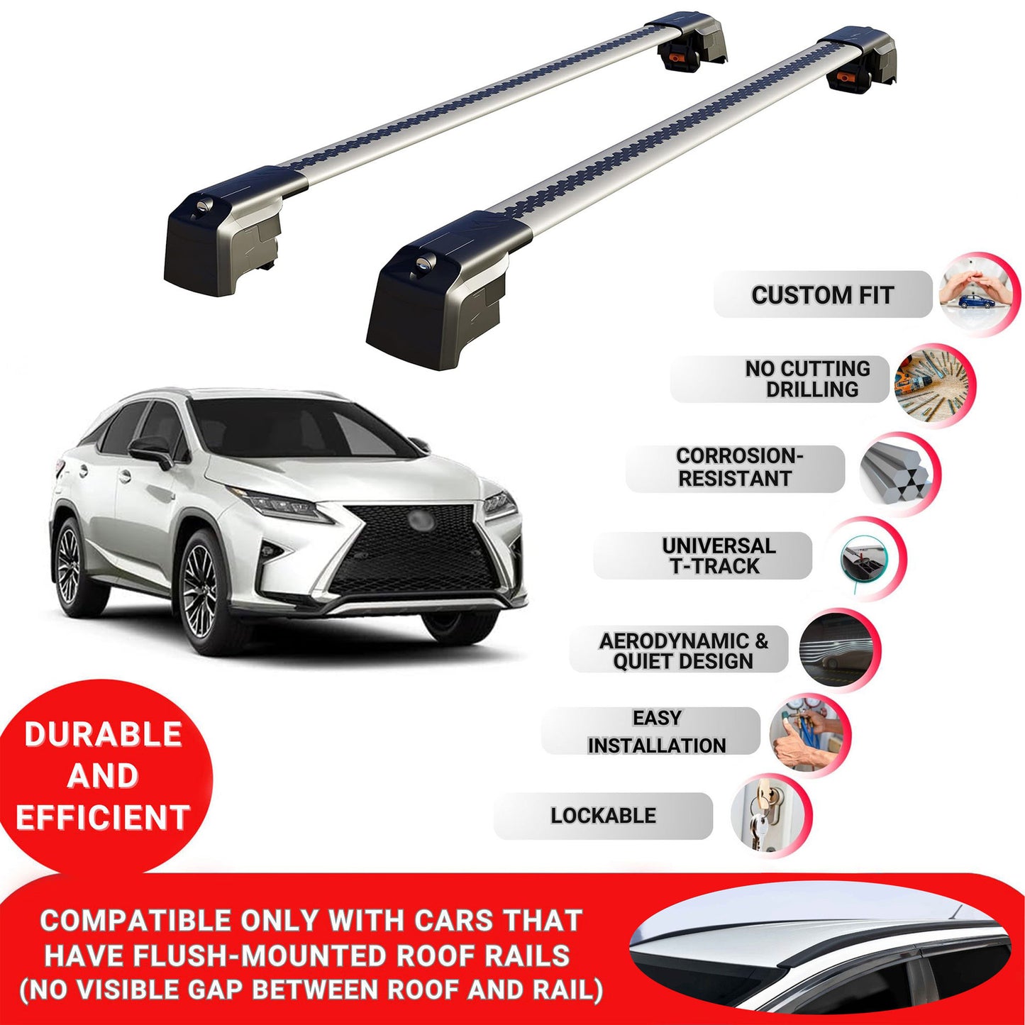 Roof Bars Rack for Lexus RX (Al20) 2016+ Lockable Rail Carrier 2 Pcs Grey