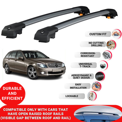 Roof Bar for Mercedes C Class W204 2008-2014 Lockable Roof Rack Cross Bars 2 Pcs Grey