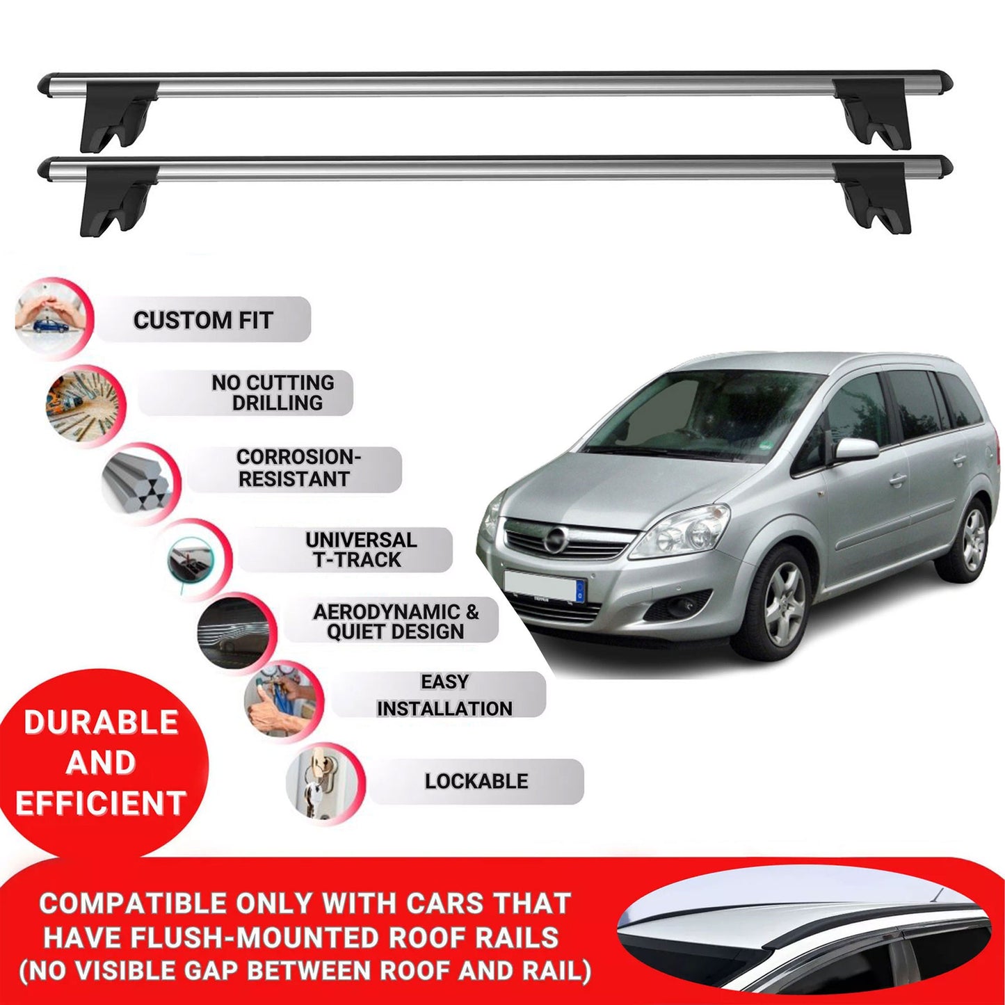 Premium Roof Bars for Opel Zafira B 2005-2014 Lockable Roof Rack Cross Bars 2 Pcs Grey