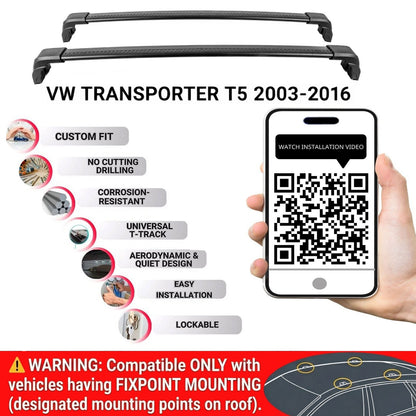 Lockable Roof Bars for VW Transporter T5 2003-2016 |  Fixpoint No Roof Rails 2 Pcs Black