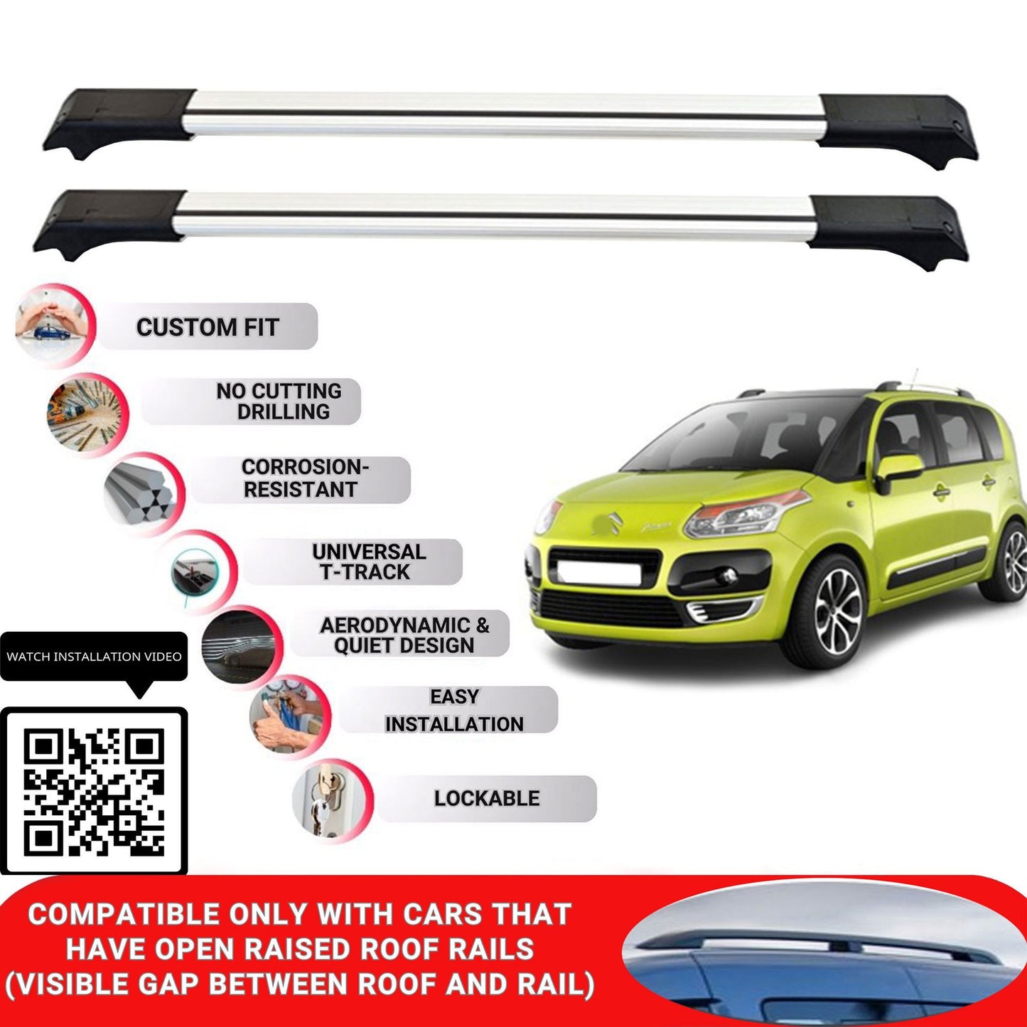 Roof Rack Cross Bars for Citroen C3 Picasso Mpv 2009+ Lockable Roof Bars 2 Pcs Grey