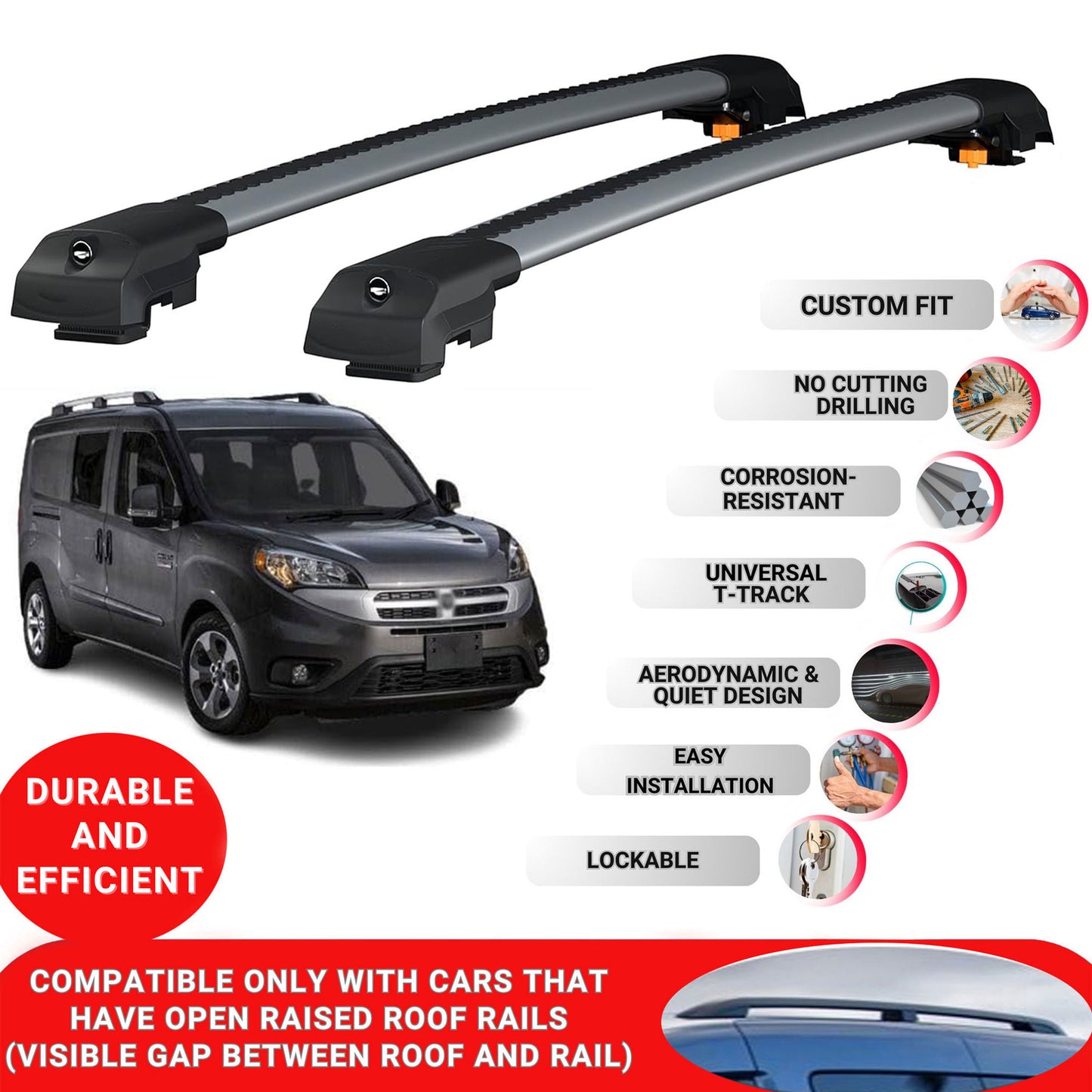Roof Bar for Ram Promaster City 2015-2022 Lockable Roof Rack Cross Bars 2 Pcs Grey