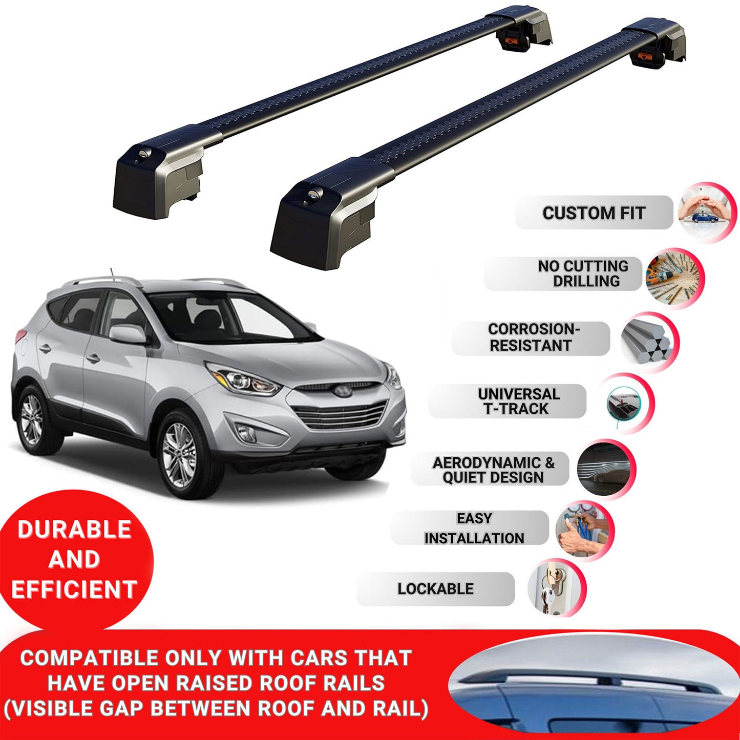 Roof Bar Rack for Hyundai Tucson (LM) 2010-2015 Lockable Cross Bars 2 Pcs Black