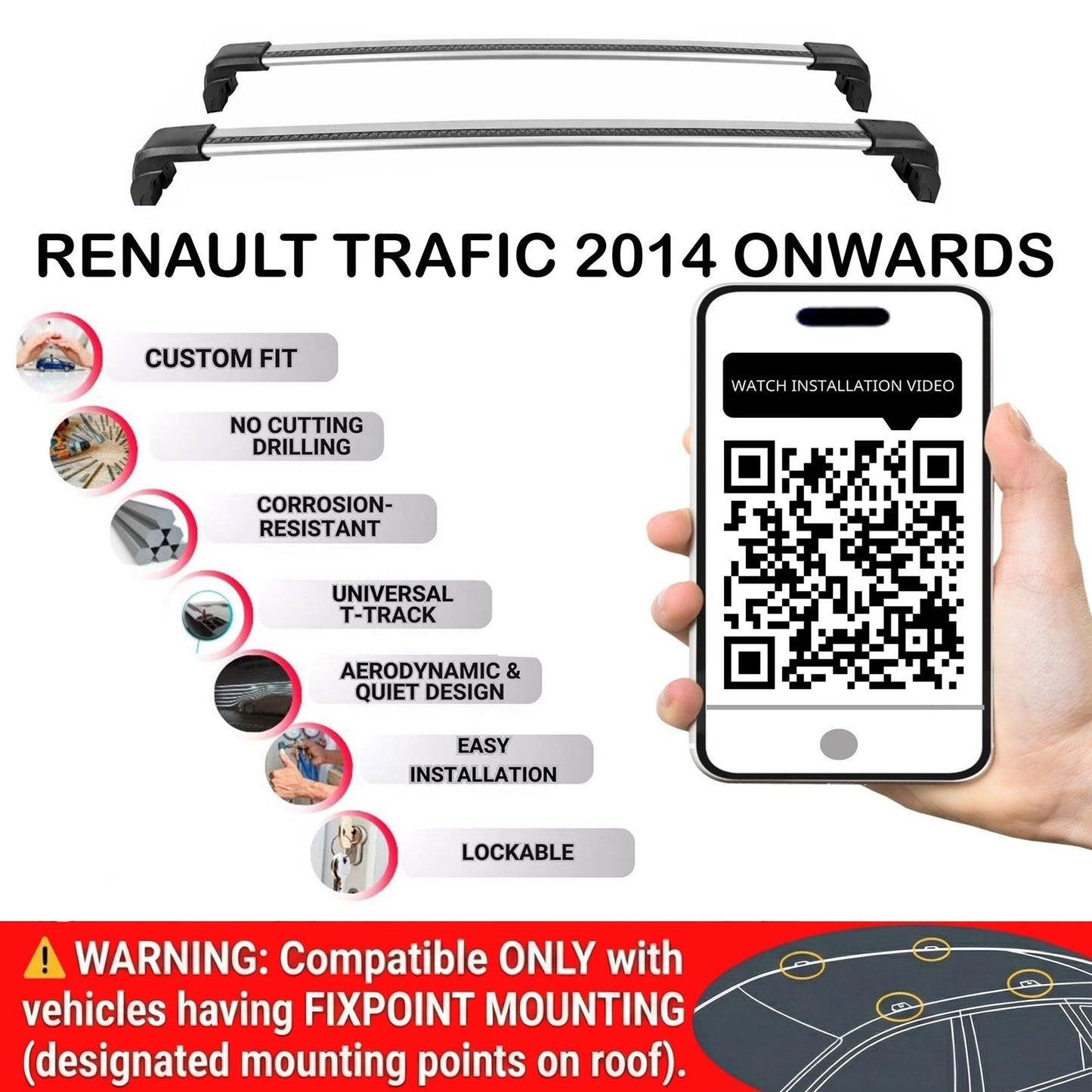Lockable Roof Bars for Renault Trafic III  2014+ | Fixpoint No Roof Rails 2 Pcs Grey