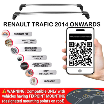 Lockable Roof Bars for Renault Trafic III  2014+ | Fixpoint No Roof Rails 2 Pcs Grey