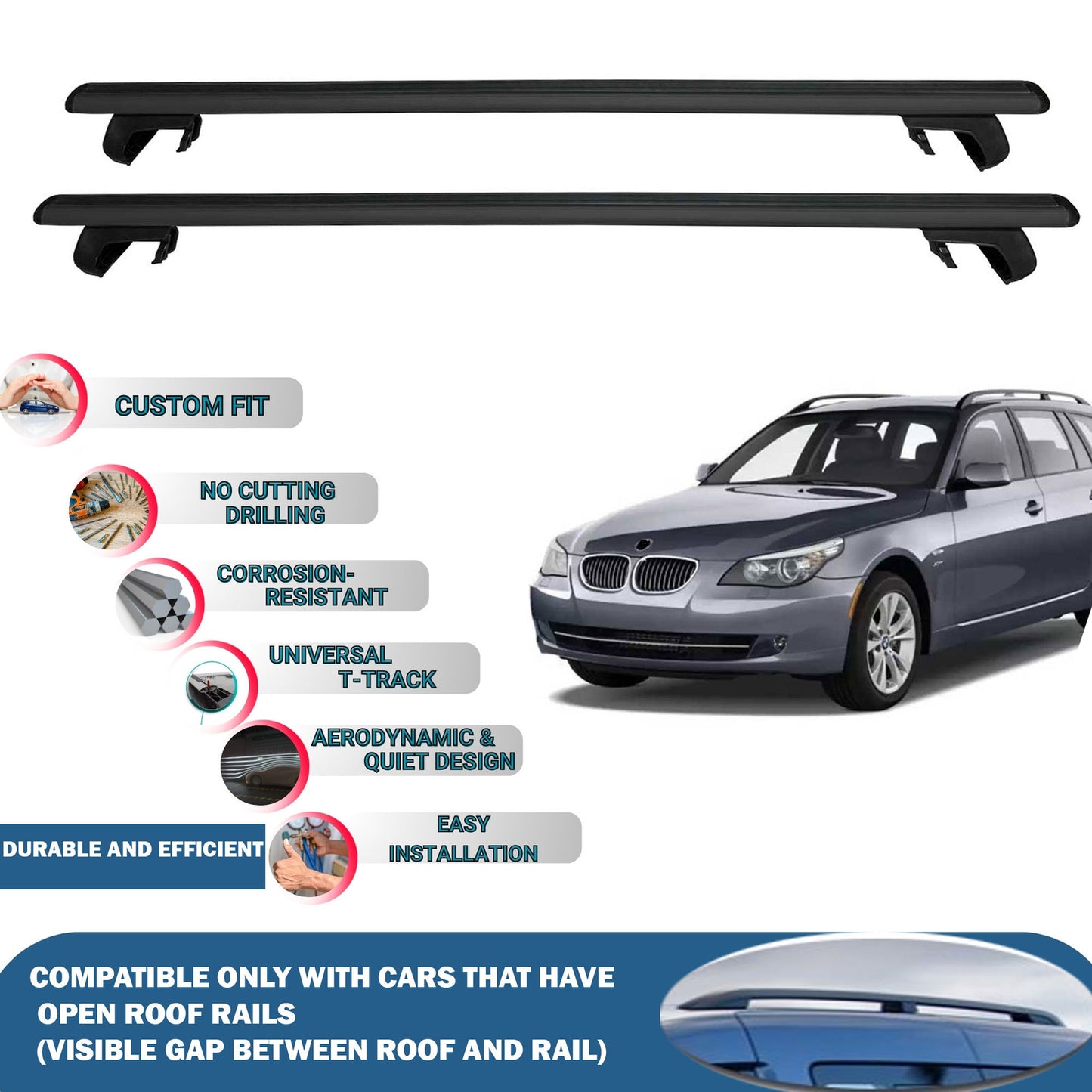 Roof Rack Cross Bars for BMW 5 Series E61 Touring 2004-2010 Rail Carrier for Roof Tents 2 Pcs Black