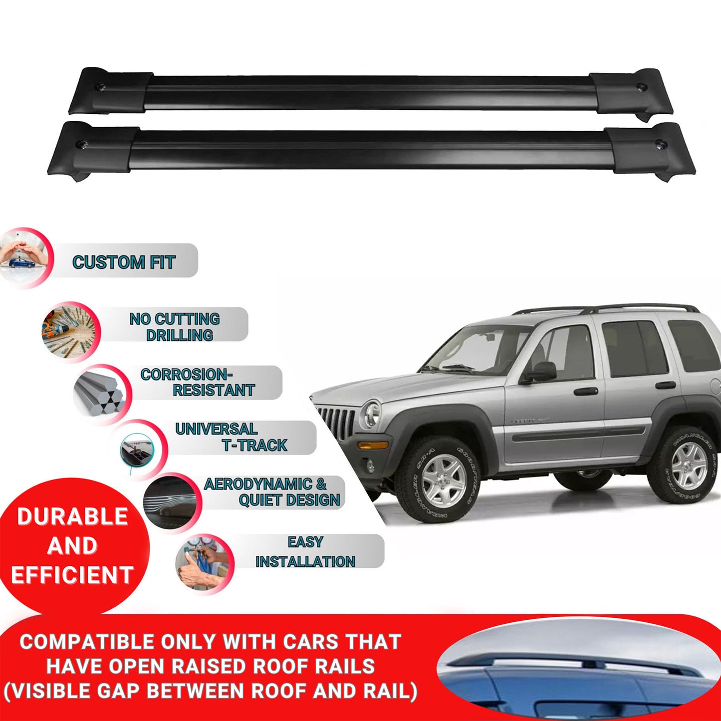 Roof Racks Cross Bars For Jeep Liberty 2002-2007 2 Pcs Black