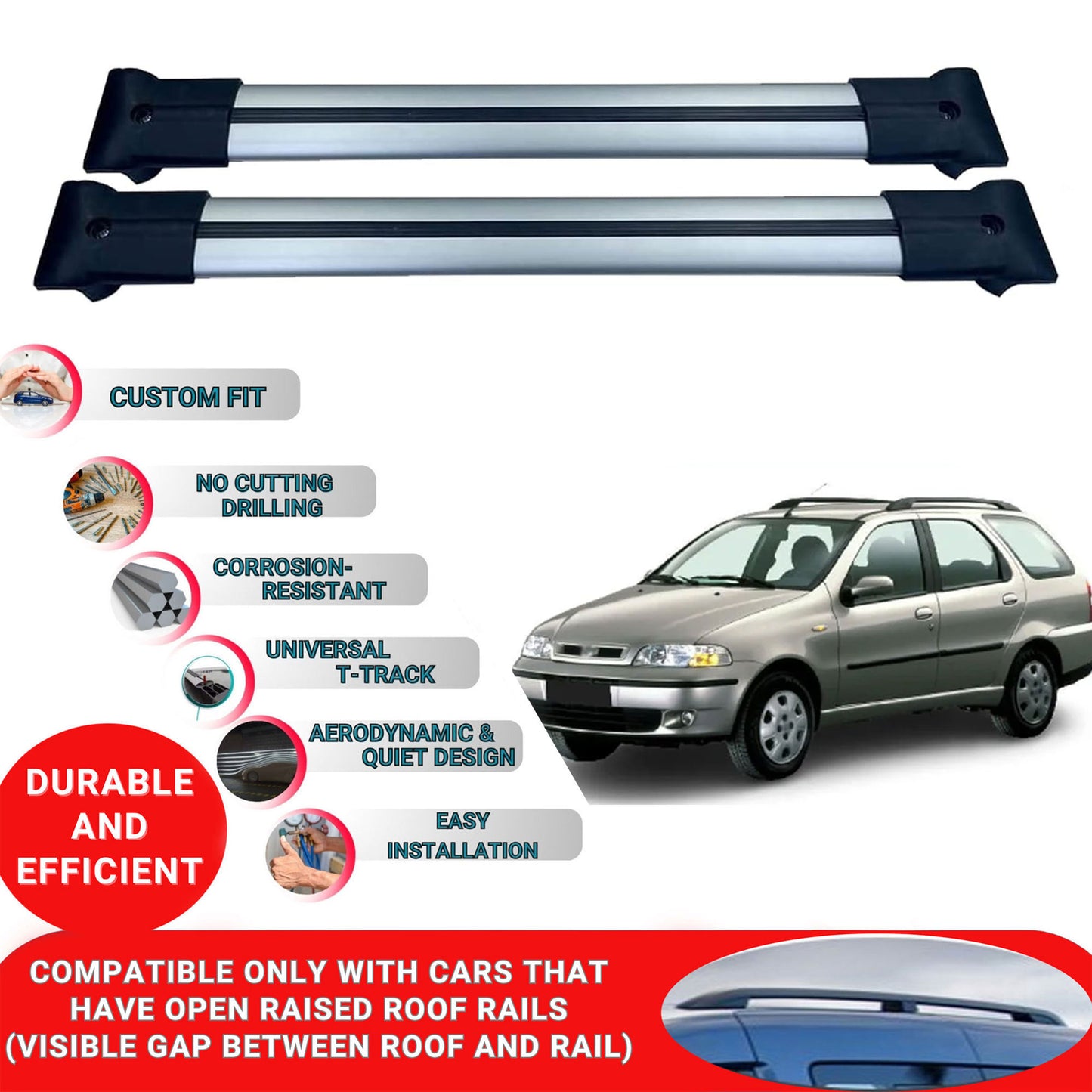 Roof Racks Cross Bars For Fiat Palio Weekend 1996-2007 2 Pcs Grey