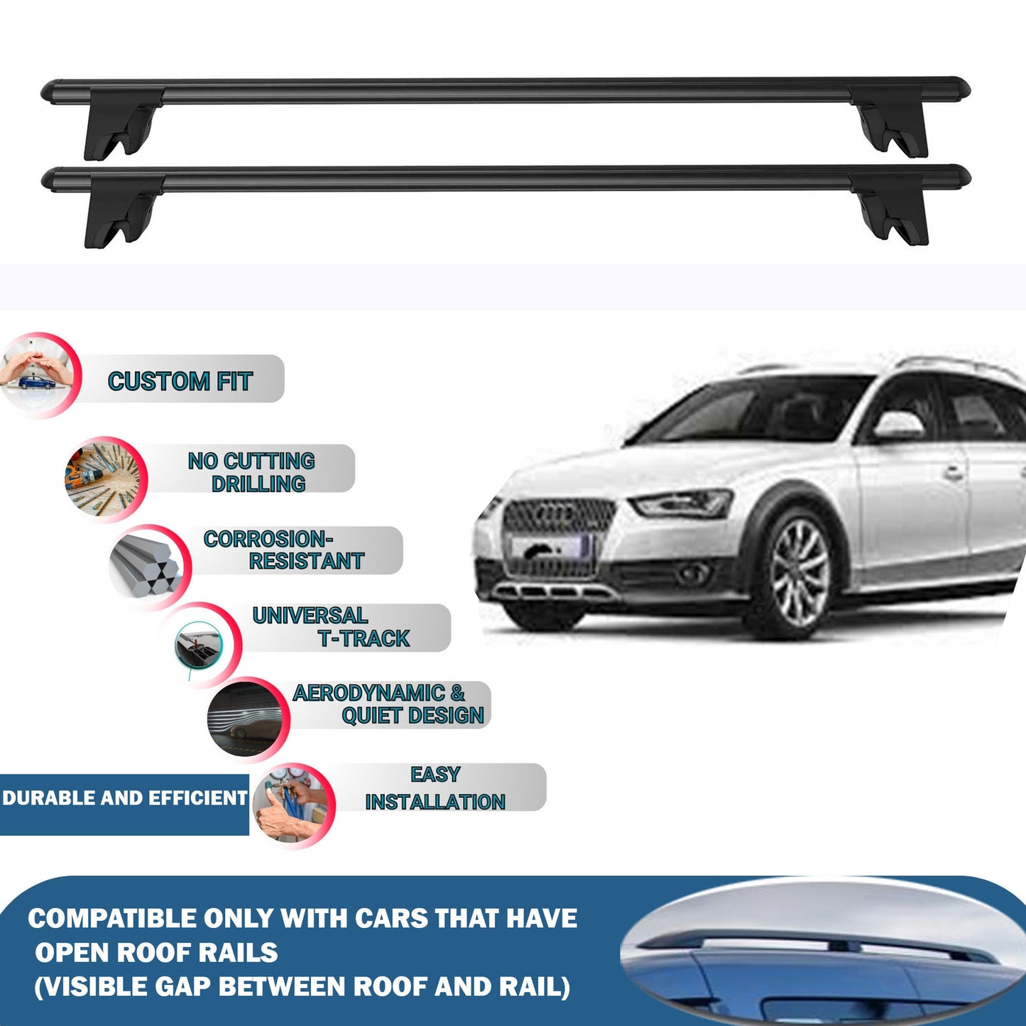 Lockable Roof Rack Cross Bars for Audi A4 Allroad 2009-2016 | Heavy Duty Rail Carrier 2 Pcs Black