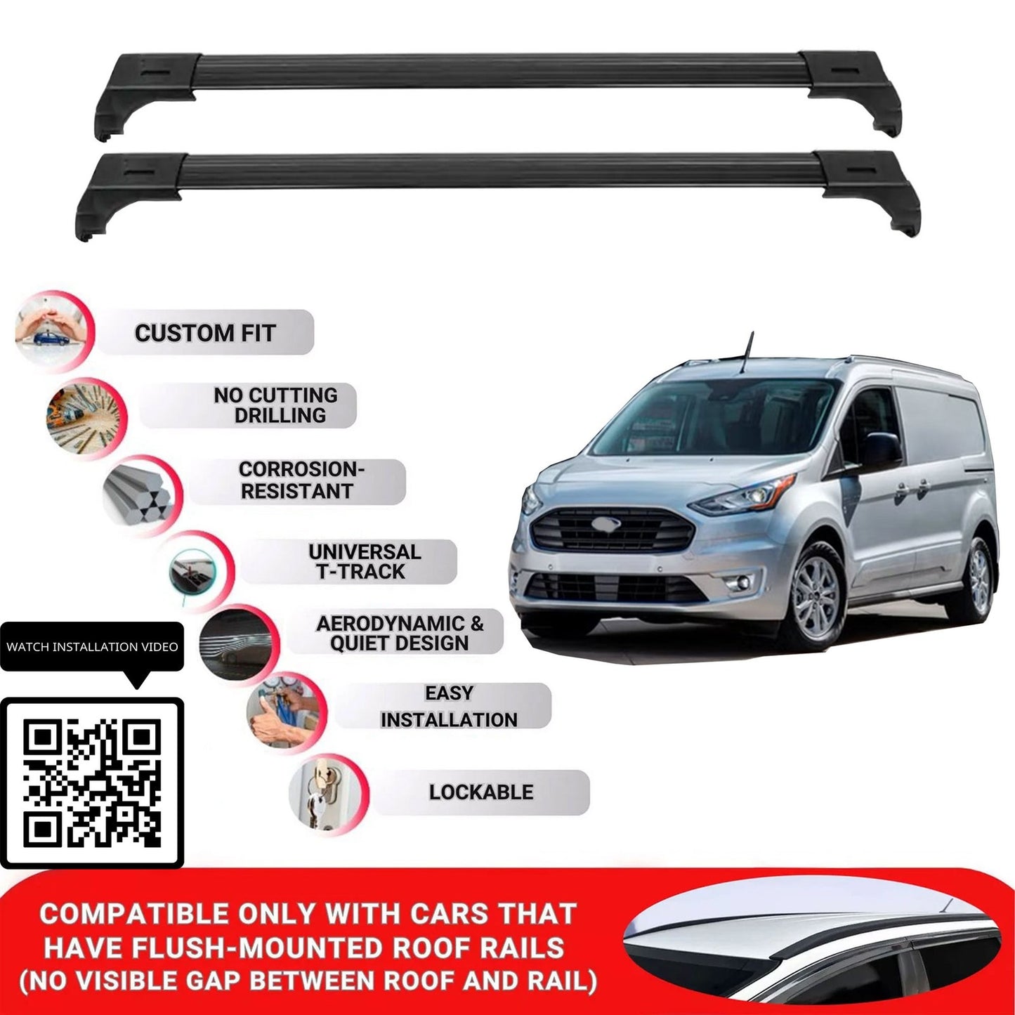 Roof Bars for Ford Transit Connect Van 2014-2023; Roof Rack Cross Bars 2 Pcs Black