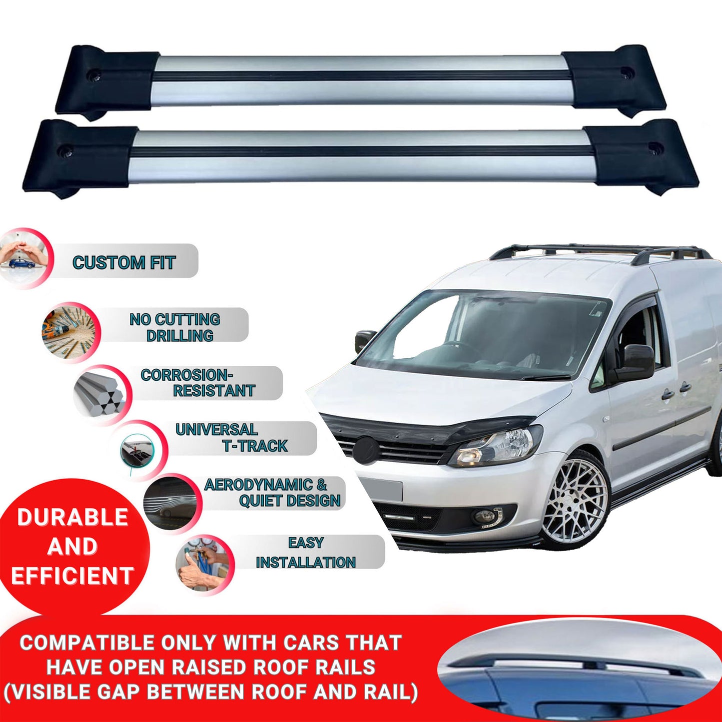 Roof Racks Cross Bars For Vw Caddy 2016-2019 2 Pcs Grey