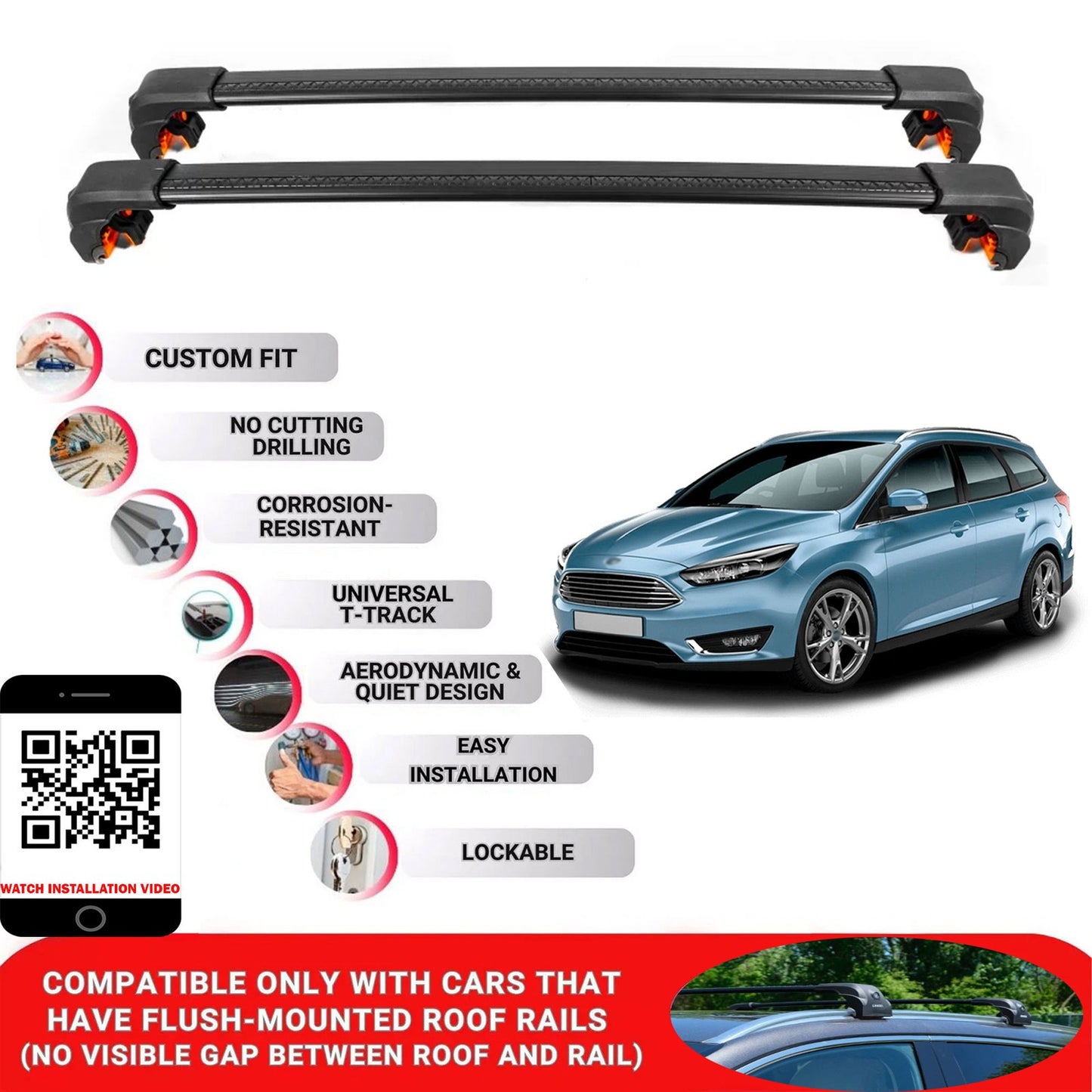 Premium Roof Bars For Ford Focus Estate 2011-2018 Secure Roof Rack Cross Bar 2 Pcss Black