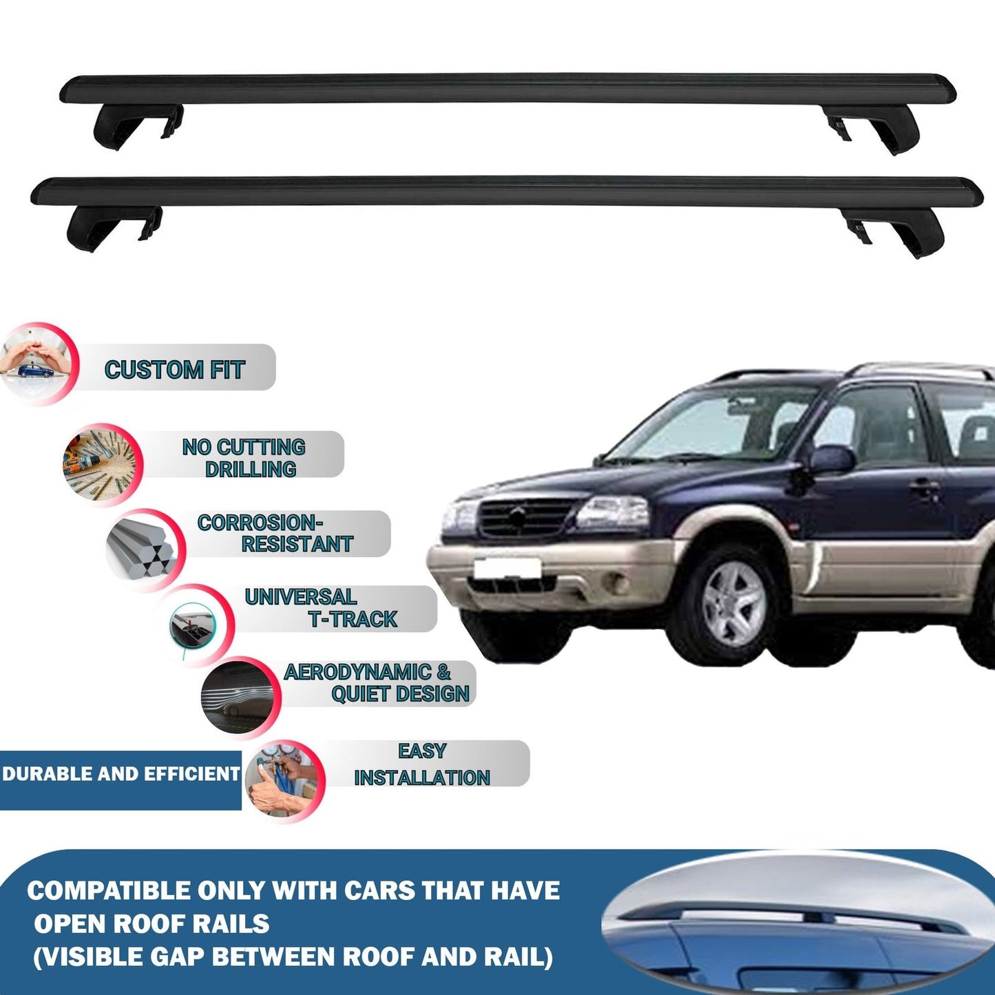 Roof Rack Cross Bars for Suzuki Grand Vitara 3D 1999-2005 Rail Carrier for Roof Tents 2 Pcs Black