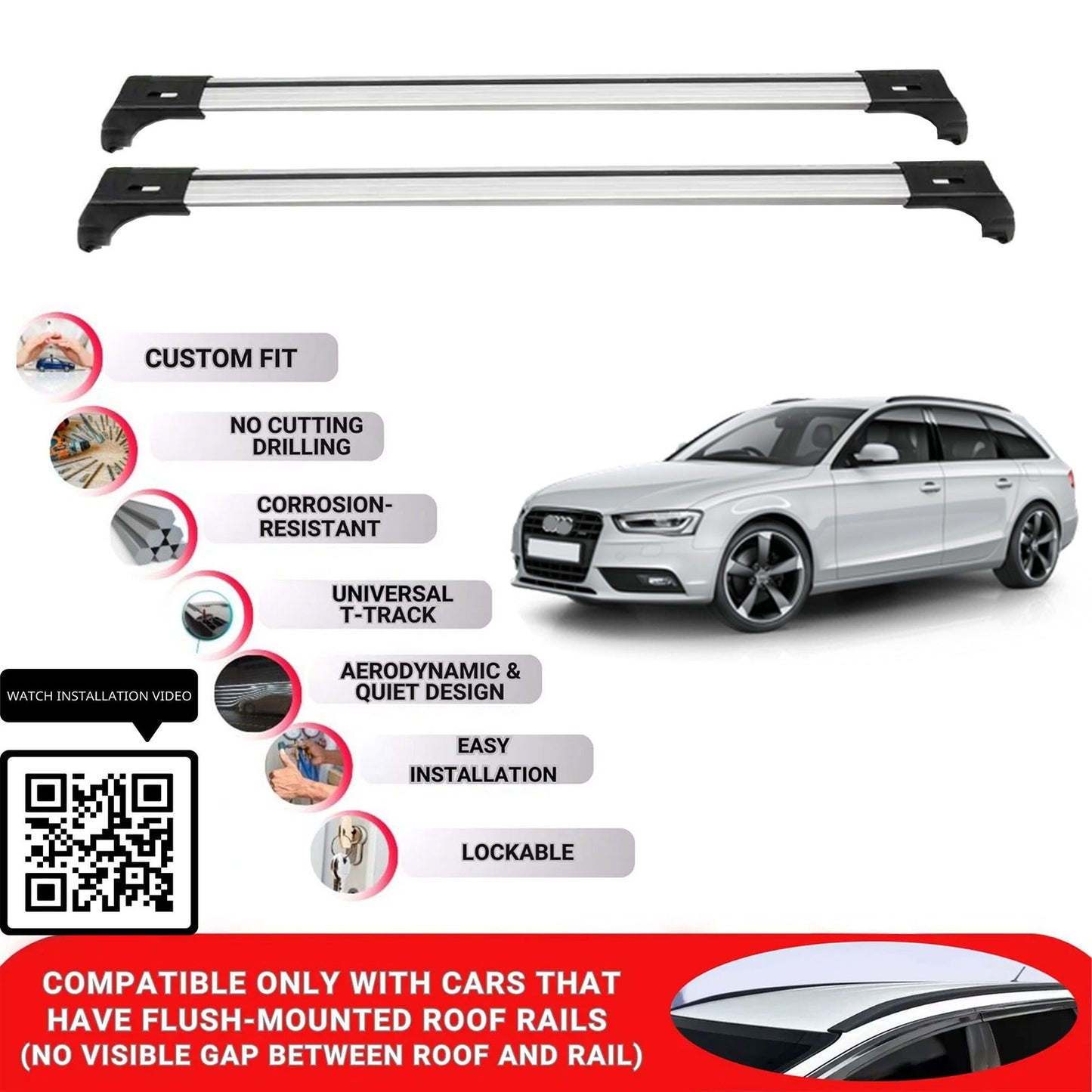 Roof Bars for Audi A4 Avant 2008-2015 Lockable Roof Rack Cross Bars 2 Pcs Grey