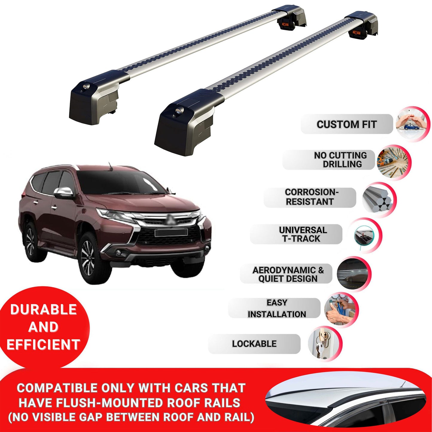 Roof Bars Rack for Mitsubishi Pajero Sport 2016-2022 Lockable Rail Carrier 2 Pcs Grey