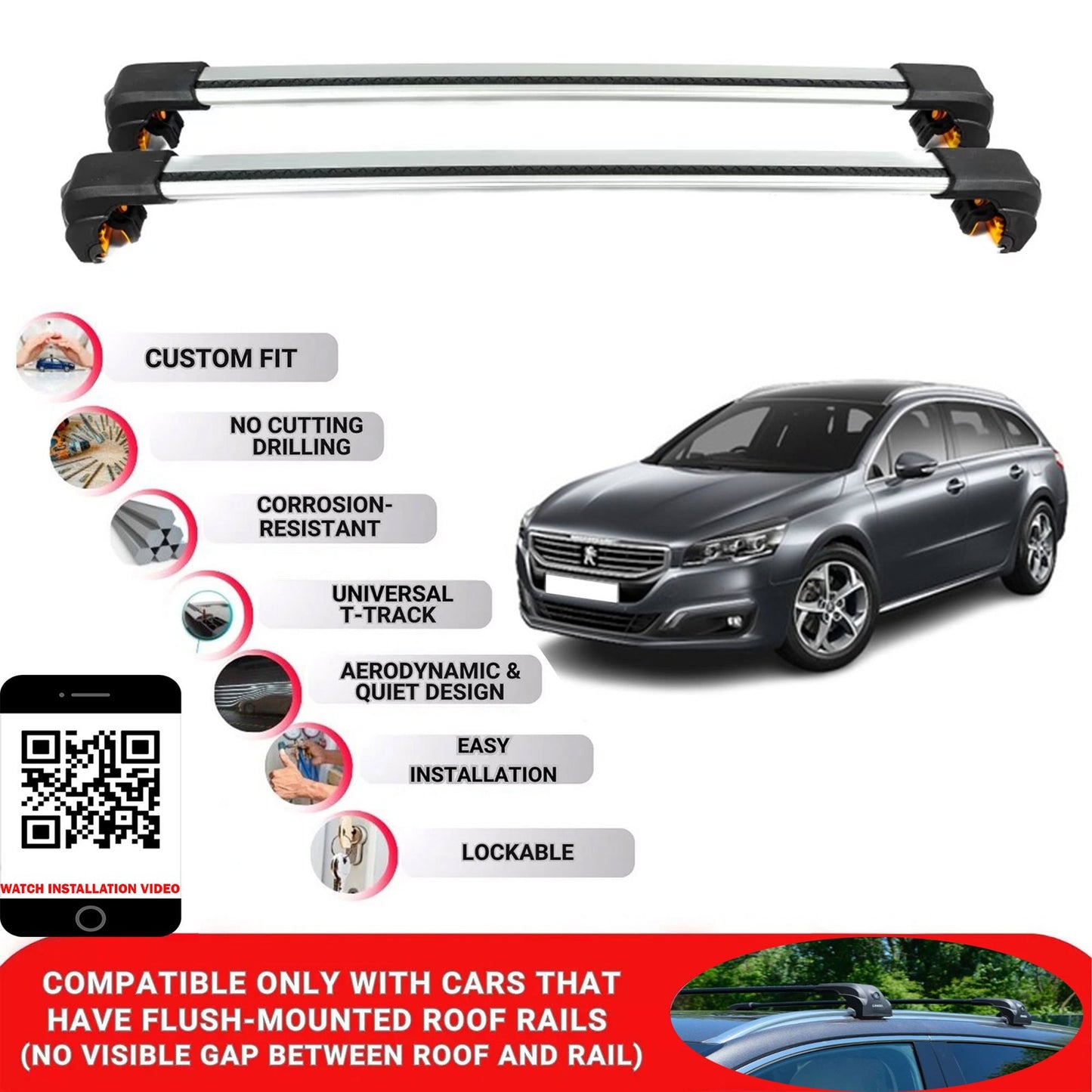 Premium Roof Bars For Peugeot 508 Estate 2011-2018 Secure Roof Rack Cross Bar 2 Pcss Grey