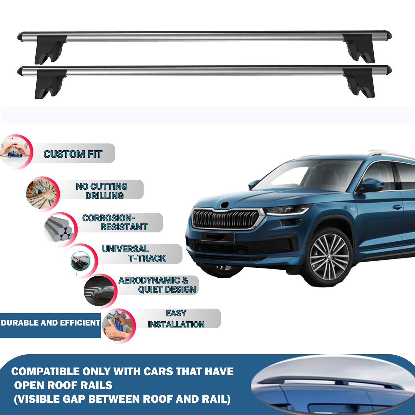 Lockable Roof Rack Cross Bars for Skoda Kodiaq 2016-2023 | Heavy Duty Rail Carrier 2 Pcs Grey