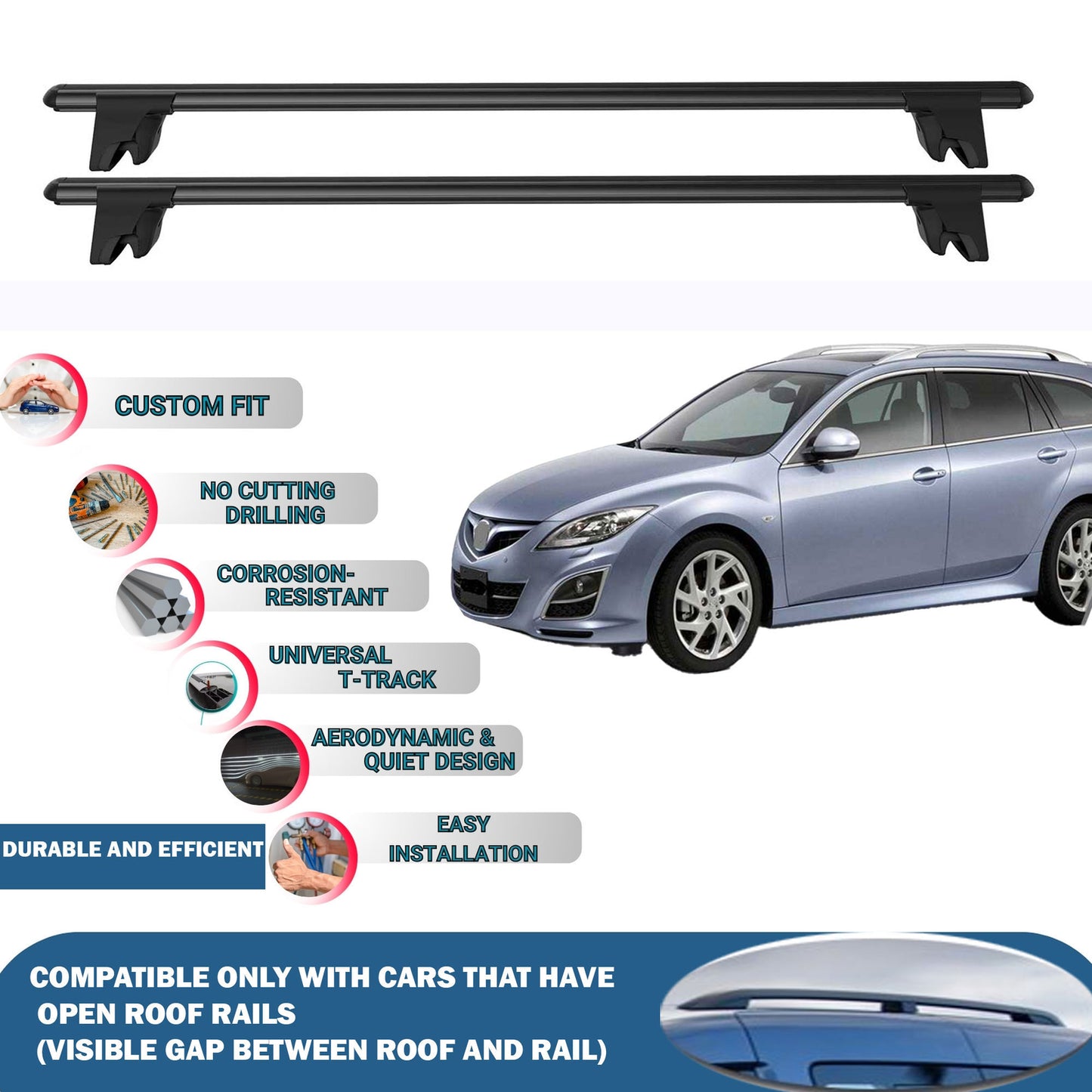 Lockable Roof Rack Cross Bars for Mazda 6 Gh1/Gh2 Estate 2008-2012 | Heavy Duty Rail Carrier 2 Pcs Black