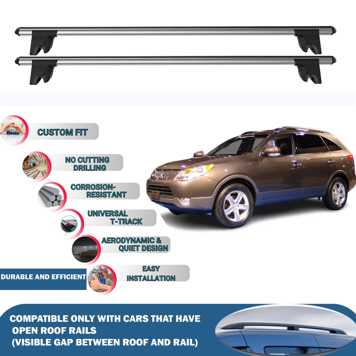 Lockable Roof Rack Cross Bars for Hyundai Ix55 Veracruz 2007-2015 | Heavy Duty Rail Carrier 2 Pcs Grey