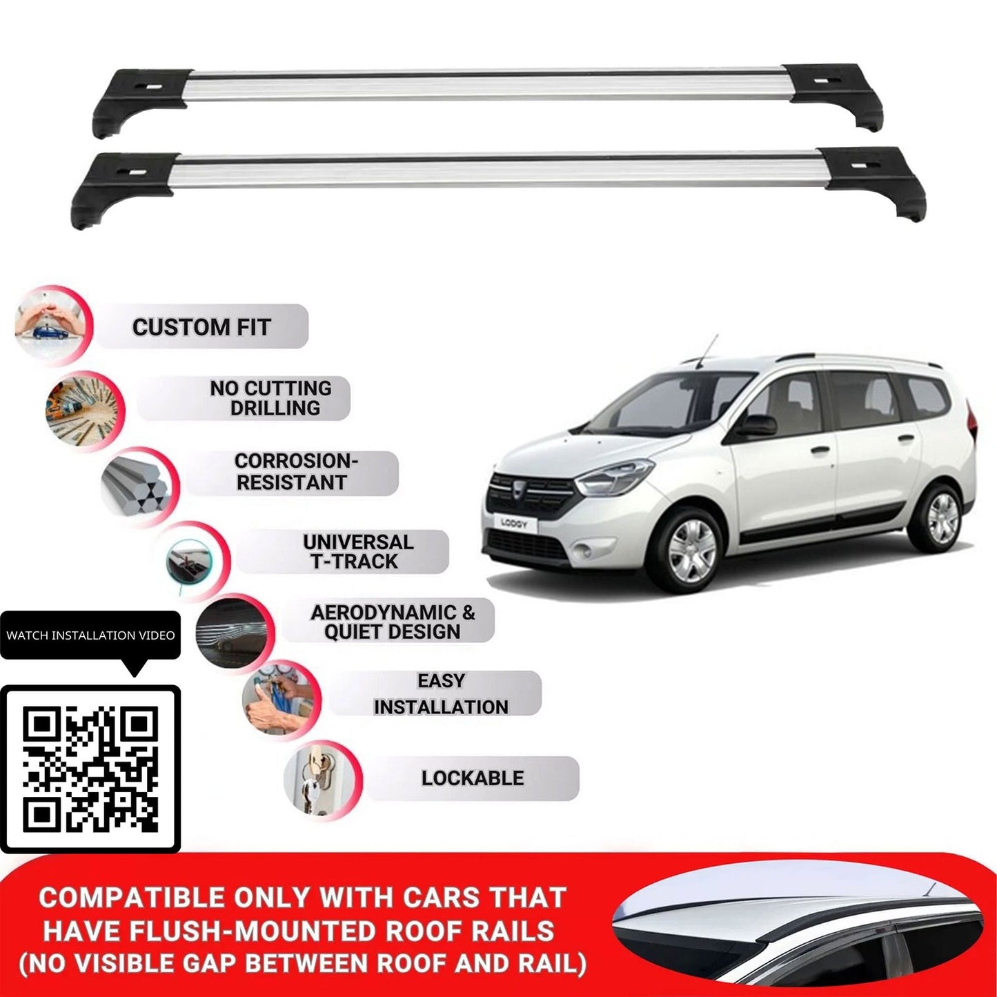 Roof Bars for Dacia Lodgy 2012+ Lockable Roof Rack Cross Bars 2 Pcs Grey