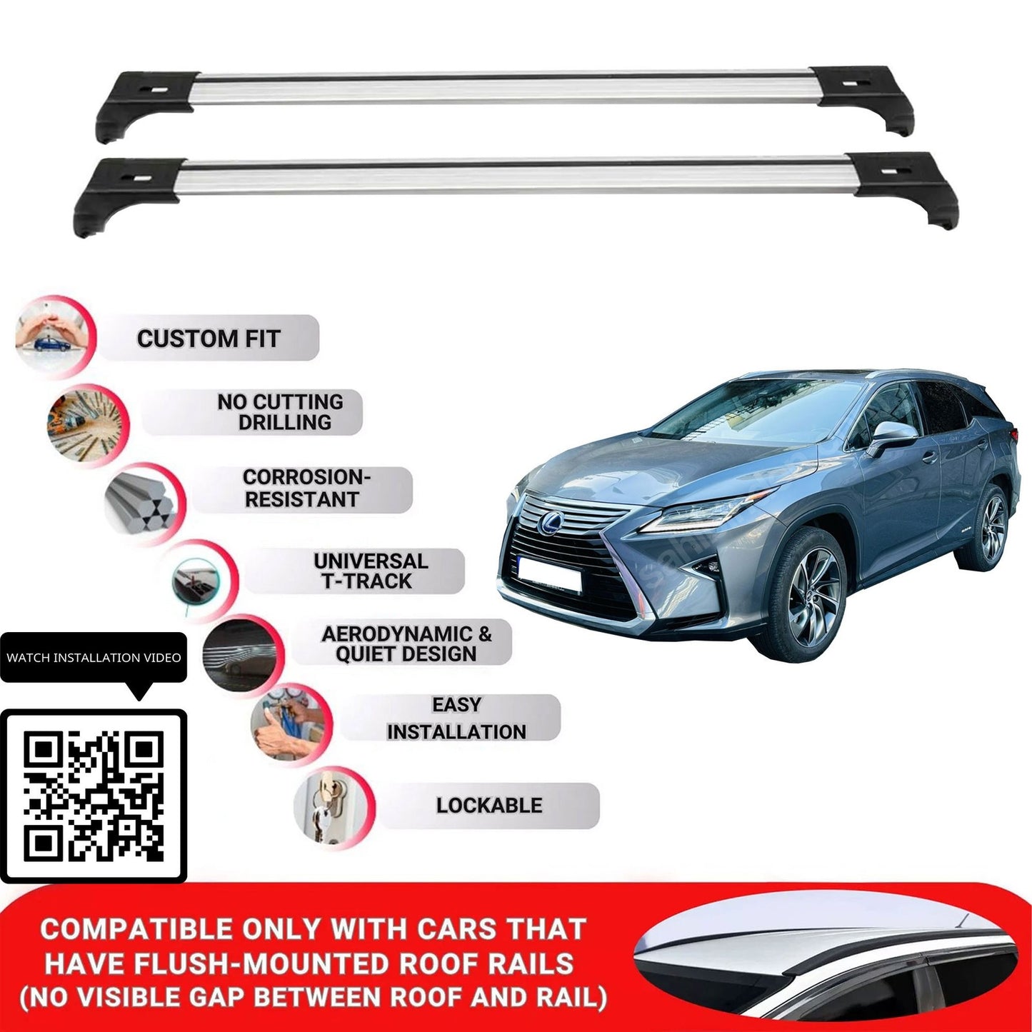 Roof Bars for Lexus Rxl-Series 2018-2022 Lockable Roof Rack Cross Bars 2 Pcs Grey