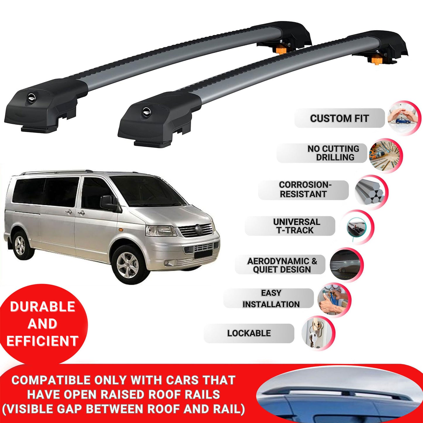 Roof Bar for Vw T5 Transporter 2003-2015 Lockable Roof Rack Cross Bars 2 Pcs Grey