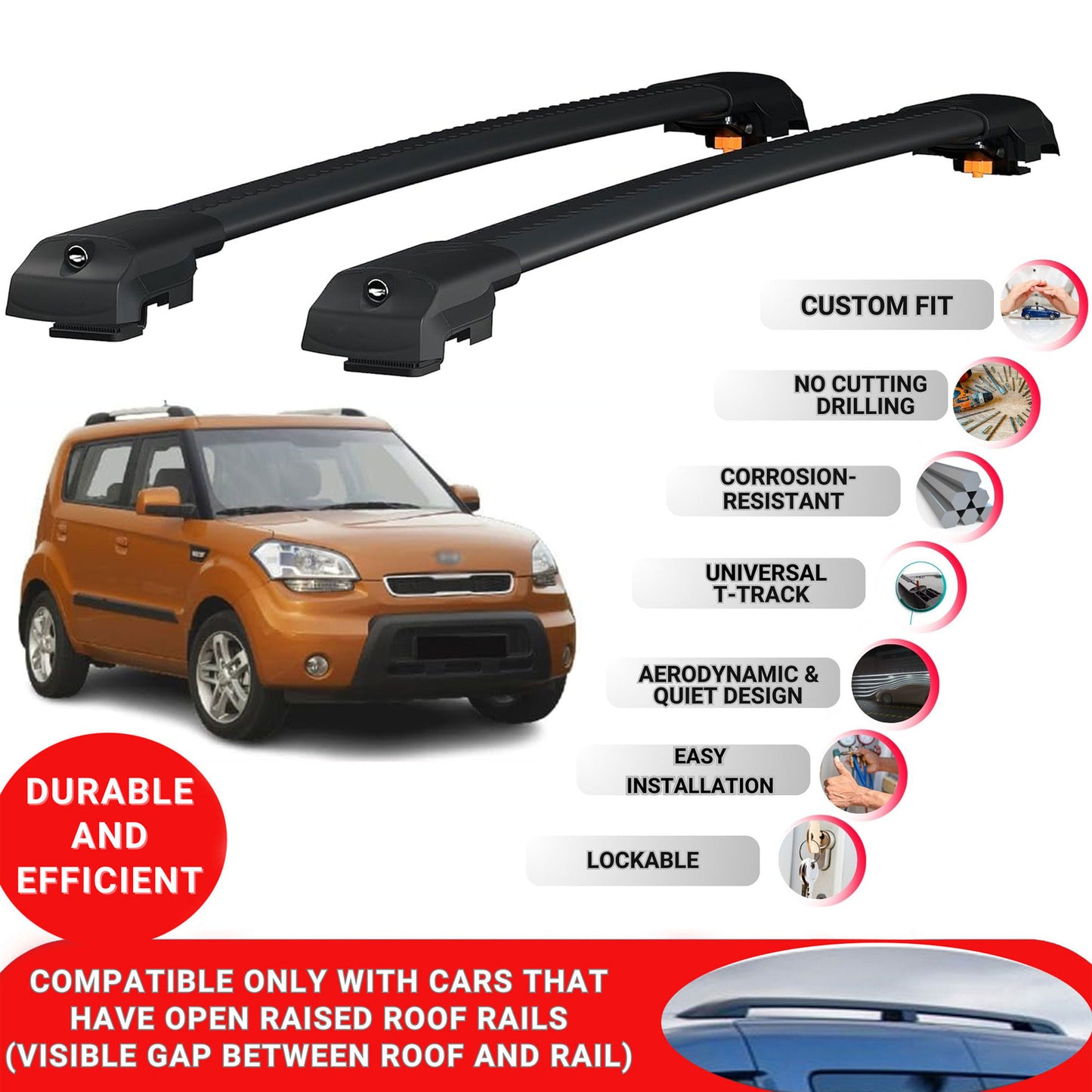 Roof Bar for Kia Soul 2009-2013 Lockable Roof Rack Cross Bars 2 Pcs Black