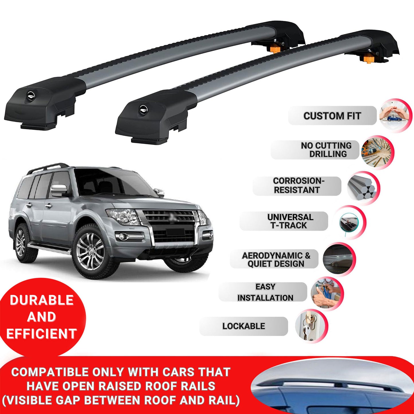 Roof Bar for Mitsubishi Pajero 2007-2022 Lockable Roof Rack Cross Bars 2 Pcs Grey