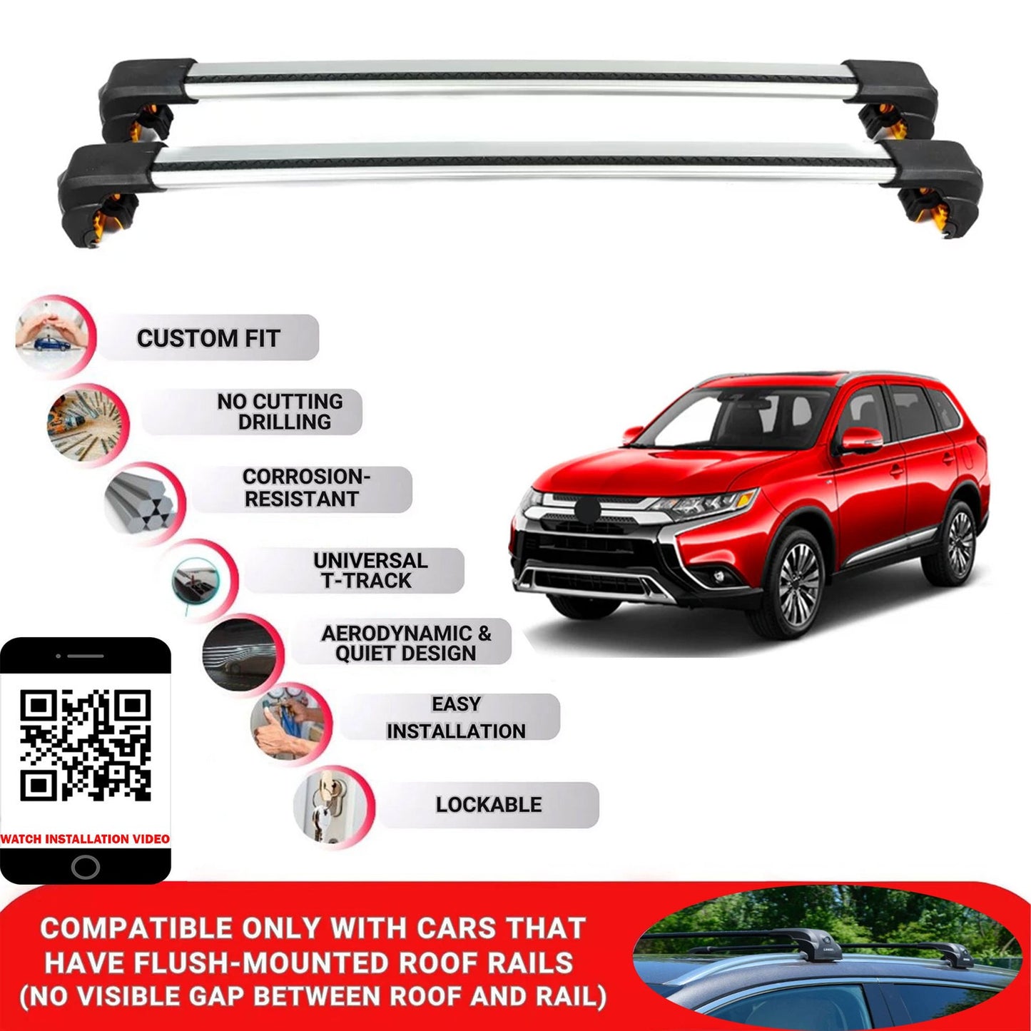 Premium Roof Bars For Mitsubishi Outlander 2013-2021 Secure Roof Rack Cross Bar 2 Pcss Grey