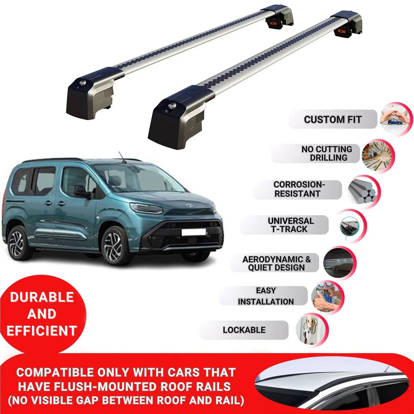 Roof Bars Rack for Toyota Proace City 2024+ Lockable Rail Carrier 2 Pcs Grey