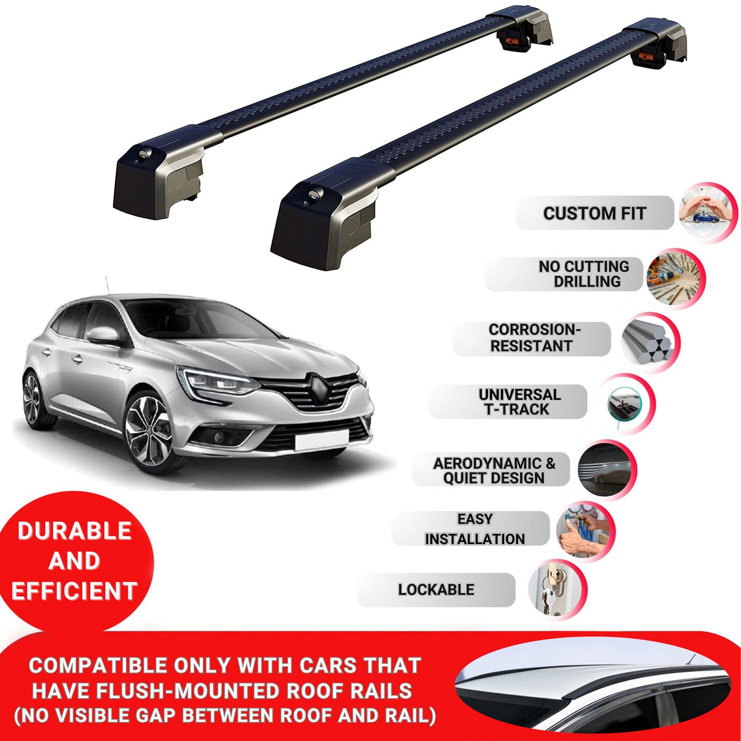 Roof Bars Rack for Renault Megane Grand T. 2016-2023 Lockable Rail Carrier 2 Pcs Black