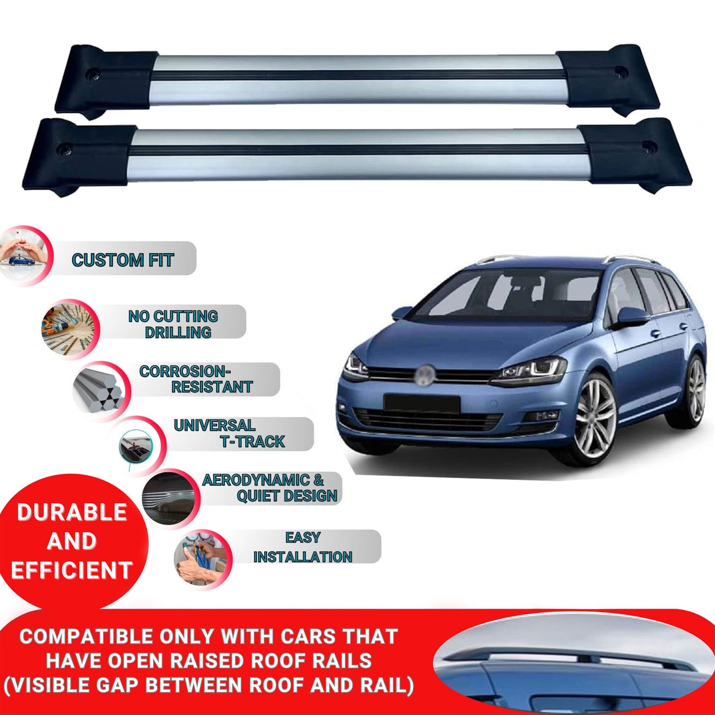 Roof Racks Cross Bars For Vw Golf 7 Sportsvan/Variant 2014-2020 2 Pcs Grey