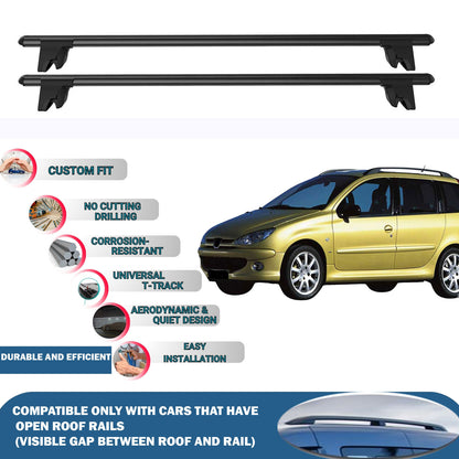 Lockable Roof Rack Cross Bars for Peugeot 206 SW 2002-2007 | Heavy Duty Rail Carrier 2 Pcs Black