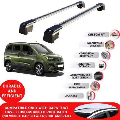 Roof Bars Rack for Peugeot Partner 2024+ Lockable Rail Carrier 2 Pcs Grey