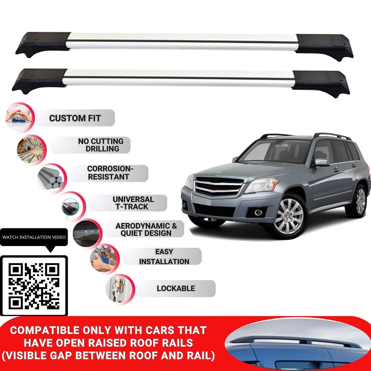 Roof Rack Cross Bars for Mercedes Glk X204 2008-2015 Lockable Roof Bars 2 Pcs Grey