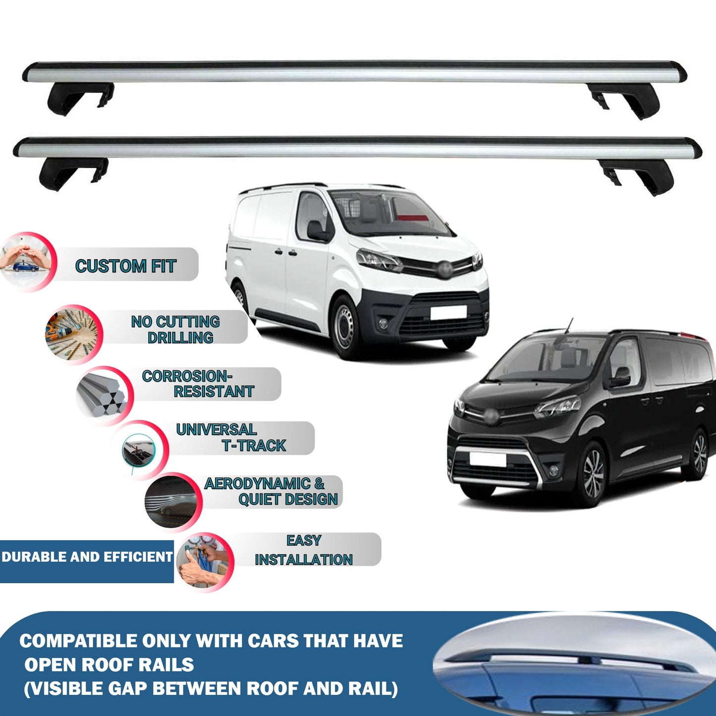Roof Rack Cross Bars for Toyota Proace/Verso 2016-2024 Rail Carrier for Roof Tents 2 Pcs Grey