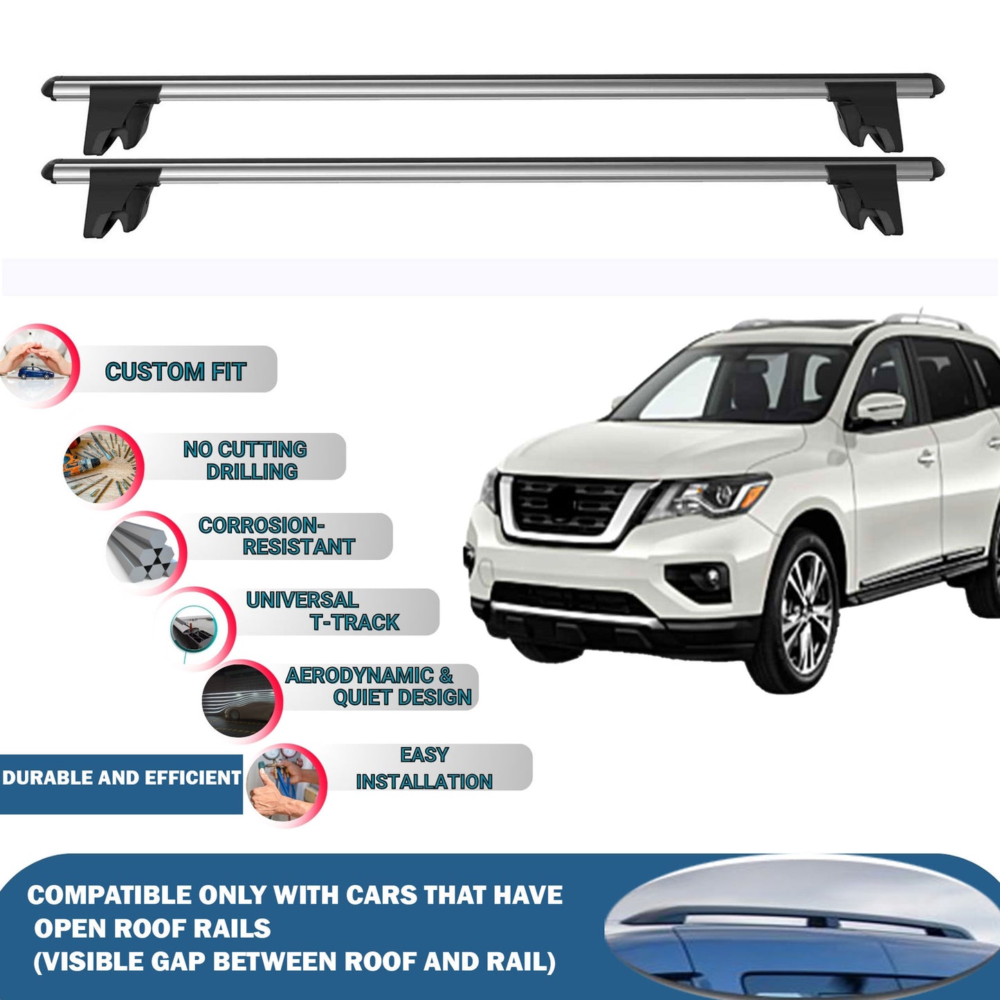 Lockable Roof Rack Cross Bars for Nissan Pathfinder 2013-2020 | Heavy Duty Rail Carrier 2 Pcs Grey