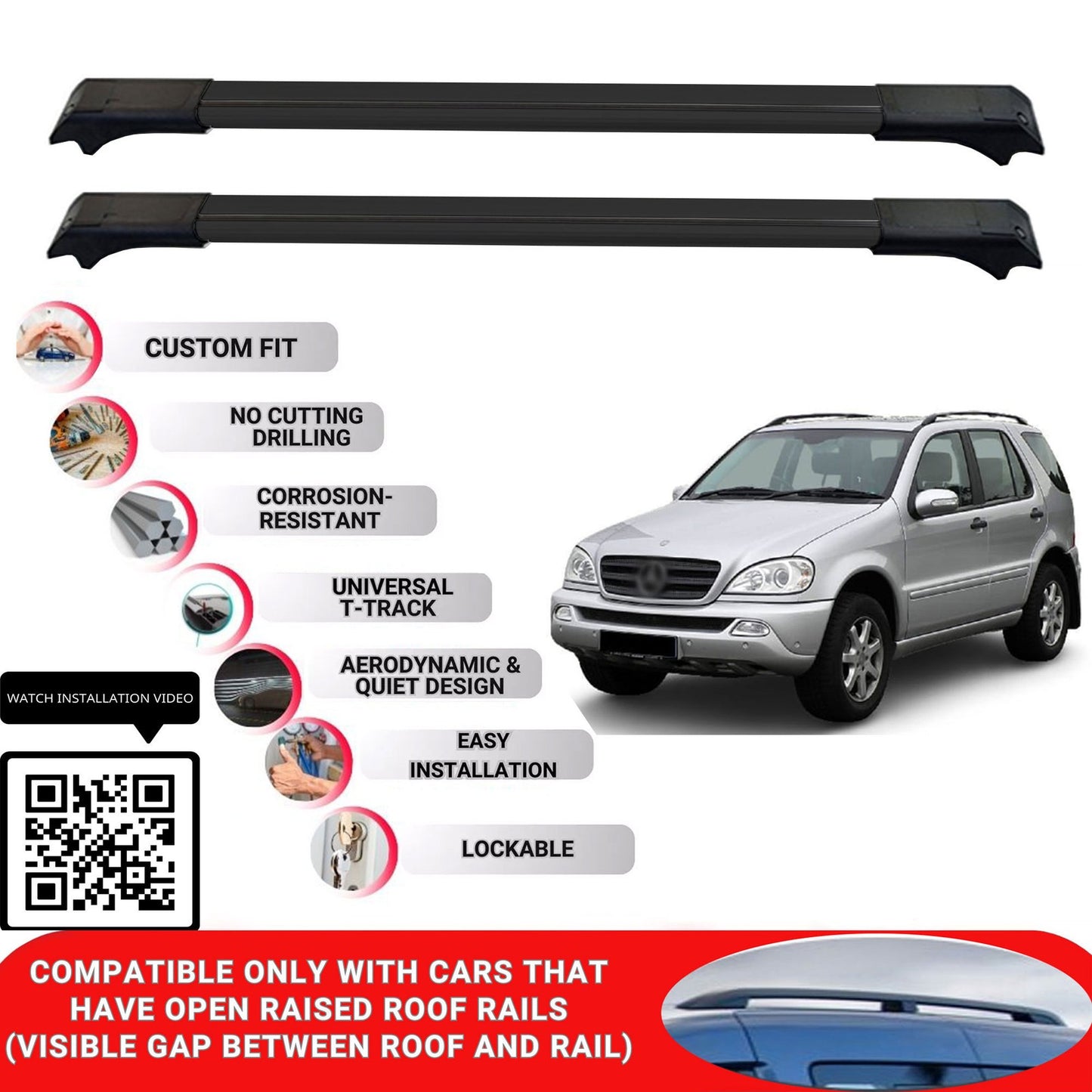 Roof Rack Cross Bars for Mercedes M-Class W163 1998-2005 Lockable 2 Pcs Black