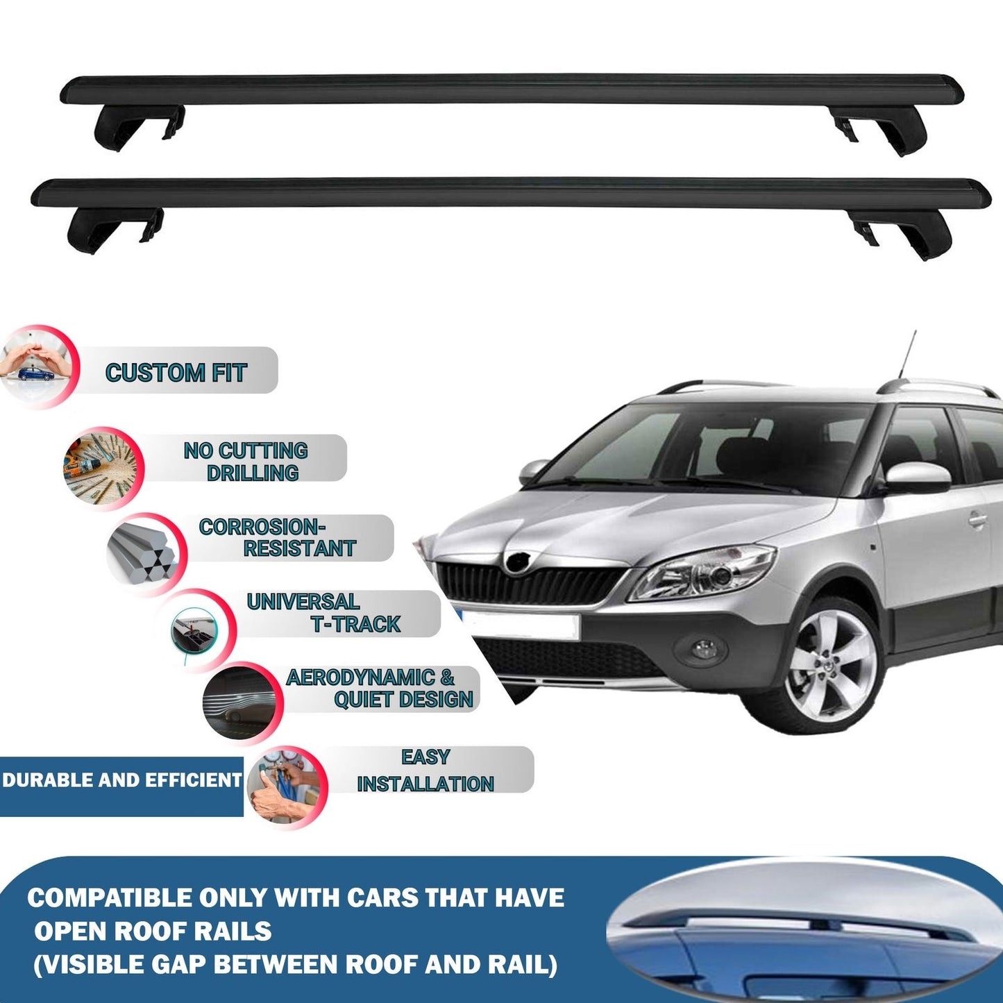 Roof Rack Cross Bars for Skoda Fabia Scout HB 2009-2014 Rail Carrier for Roof Tents 2 Pcs Black