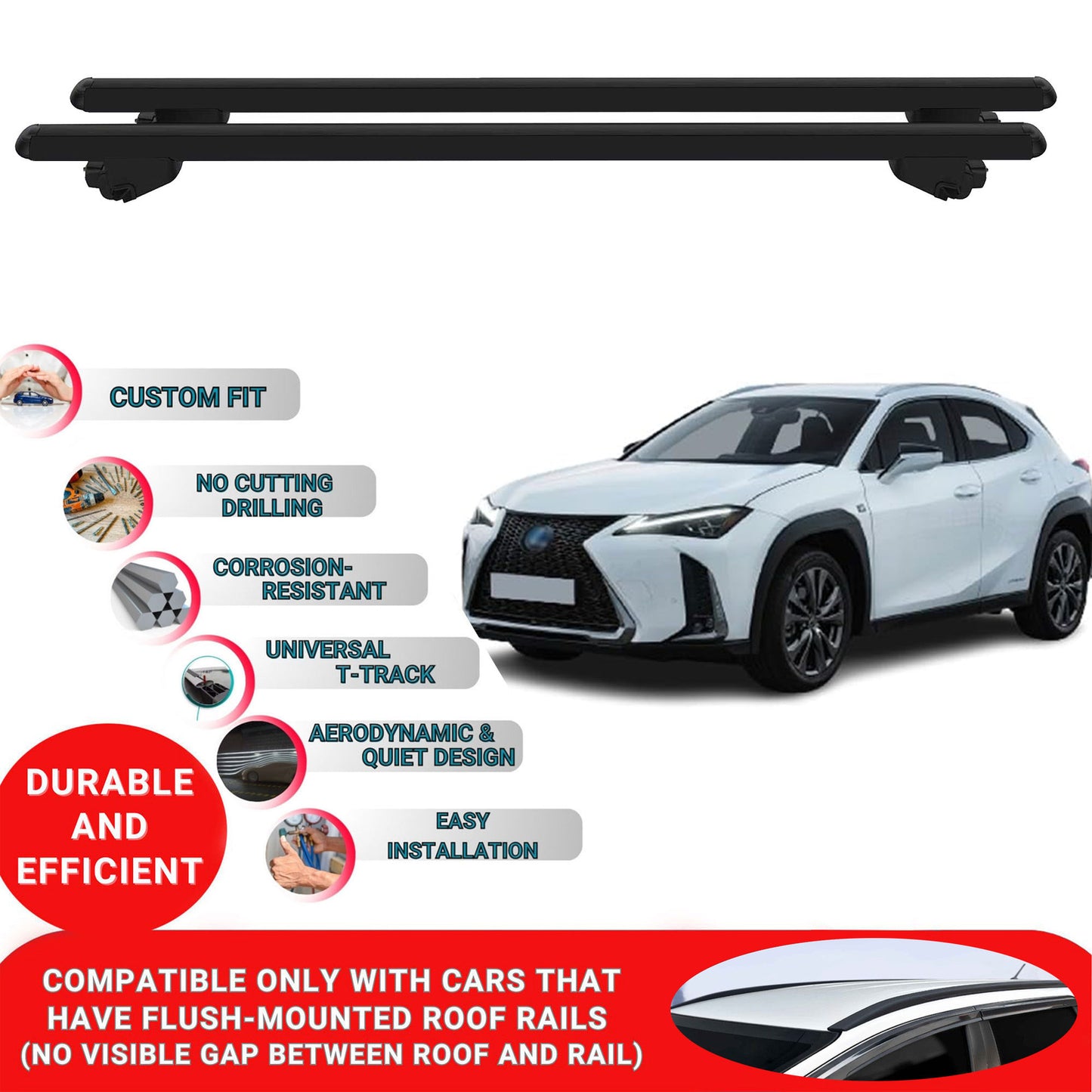 Roof Bars For Lexus UX 2019-2023 Roof Rack Cross Bars 2 Pcs Black