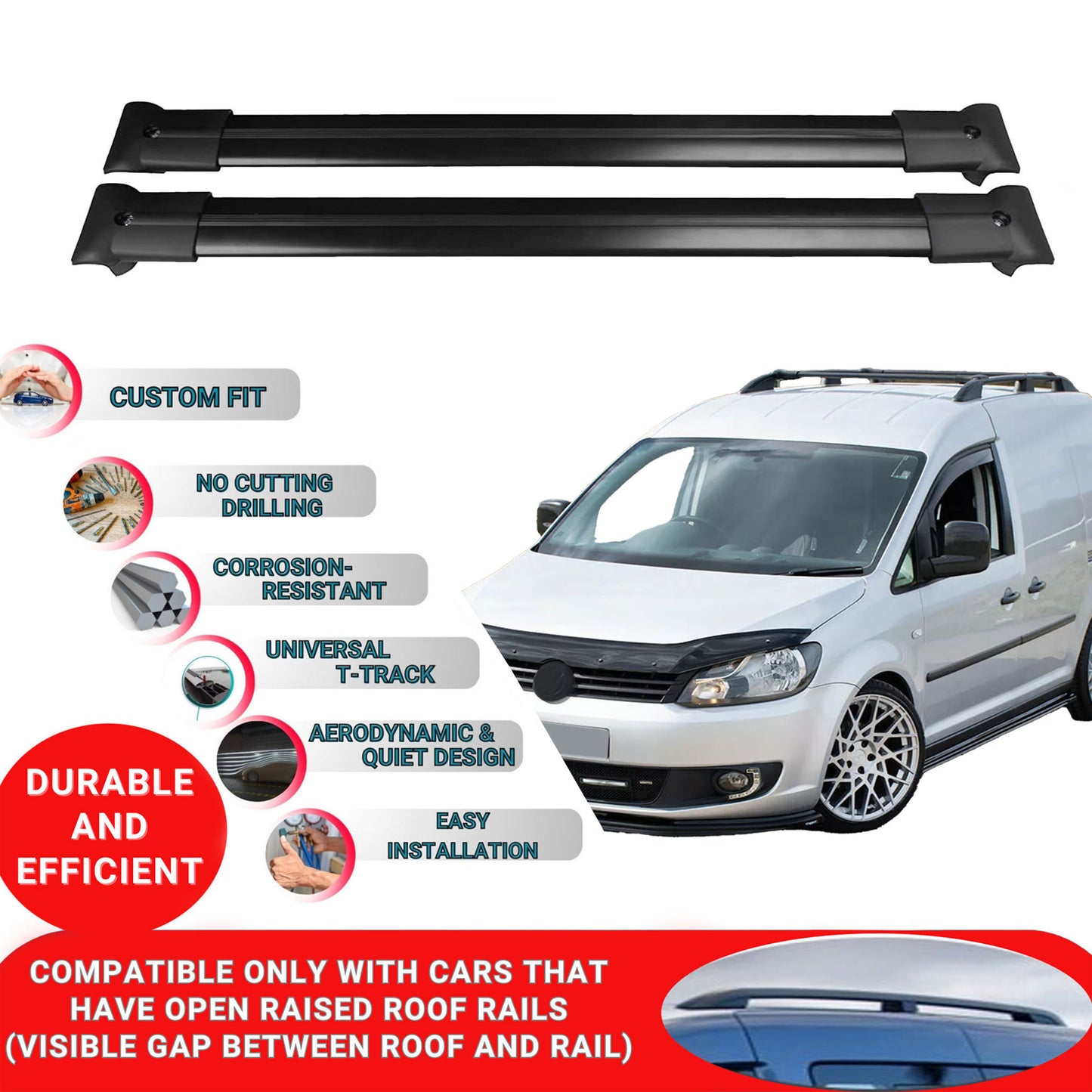 Roof Racks Cross Bars For Vw Caddy 2016-2019 4 Pcs Black