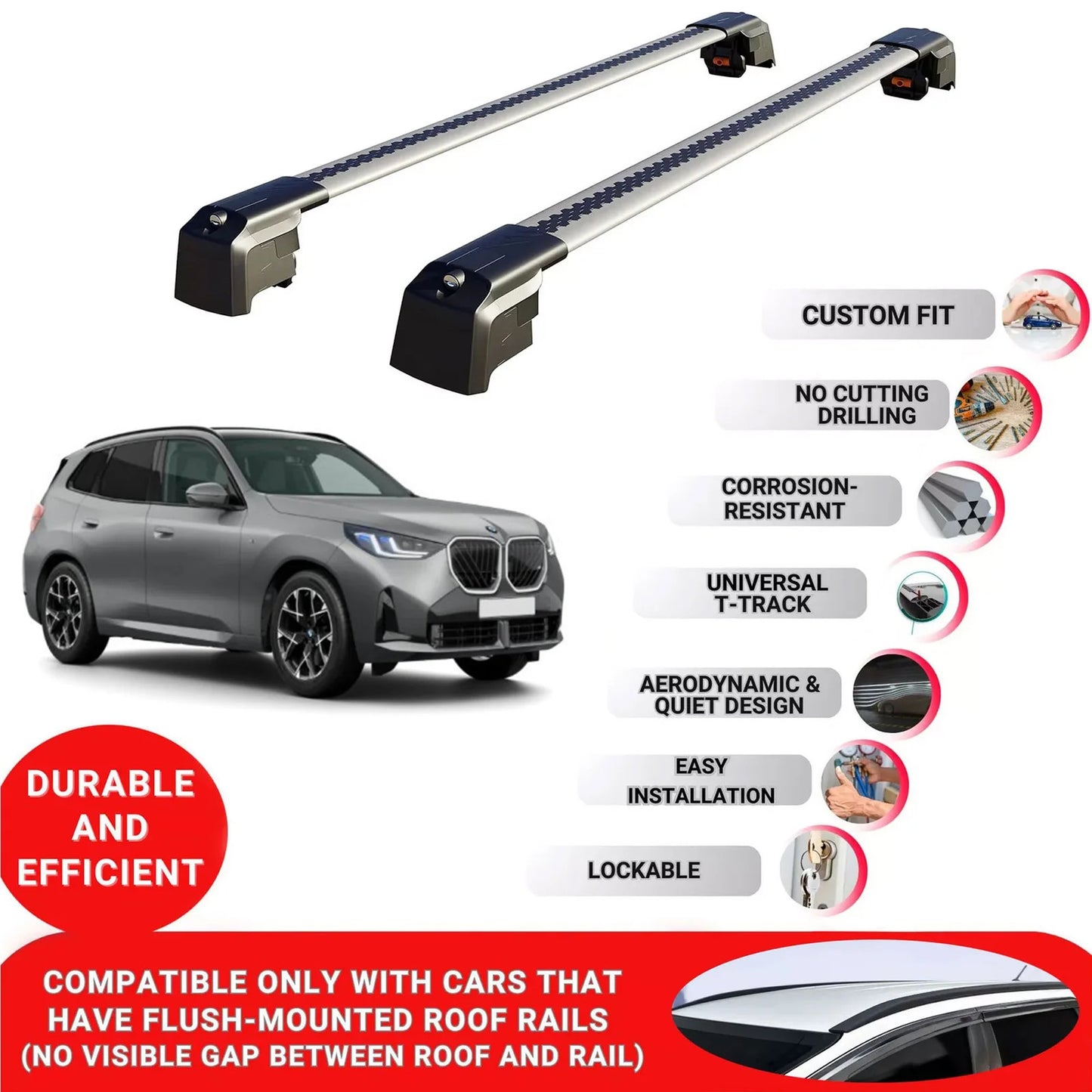 Roof Bars Rack for Bmw X3 G45 2024+ Lockable Rail Carrier 2 Pcs Grey