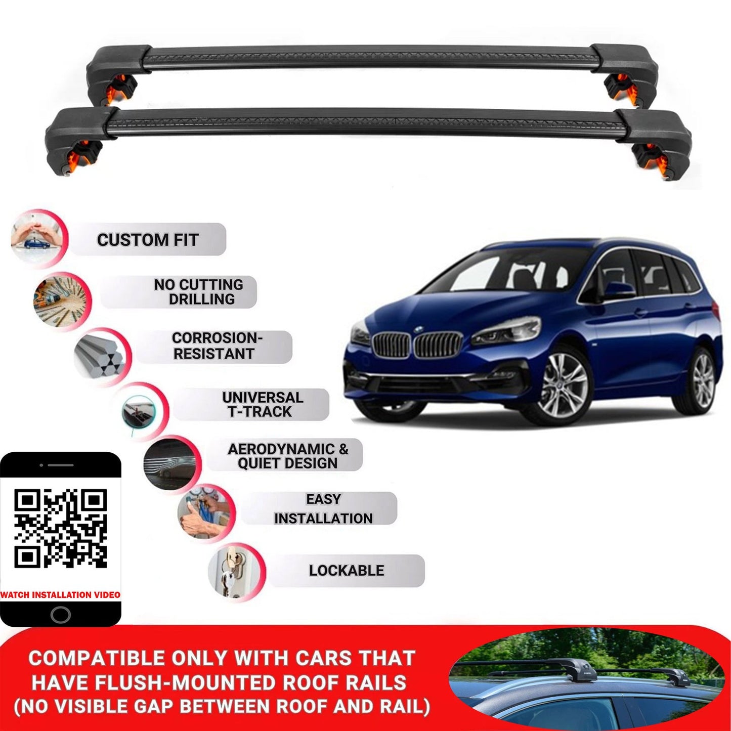 Premium Roof Bars For Bmw 2 Sr Gran Tourer 2015-2022 Secure Roof Rack Cross Bar 2 Pcss Black