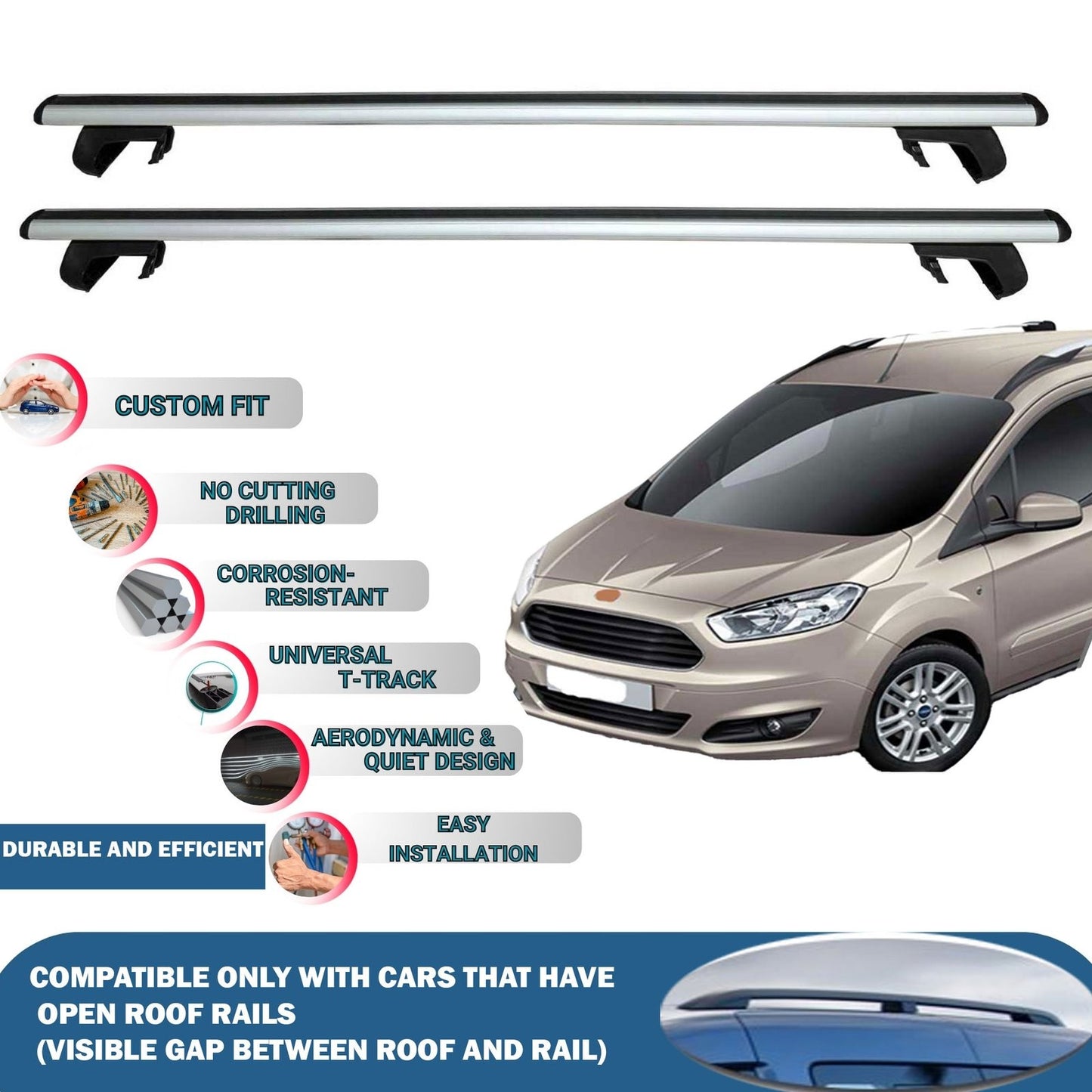Roof Rack Cross Bars for Ford Tourneo Combi Courier 2014-2023 Rail Carrier for Roof Tents 4 Pcs Grey
