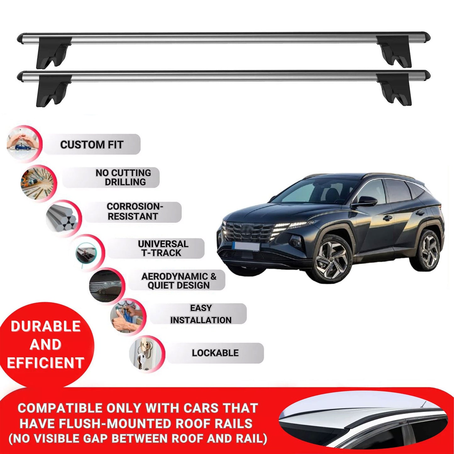 Premium Roof Bars for Hyundai Tucson 2020-2023 Lockable Roof Rack Cross Bars 2 Pcs Grey