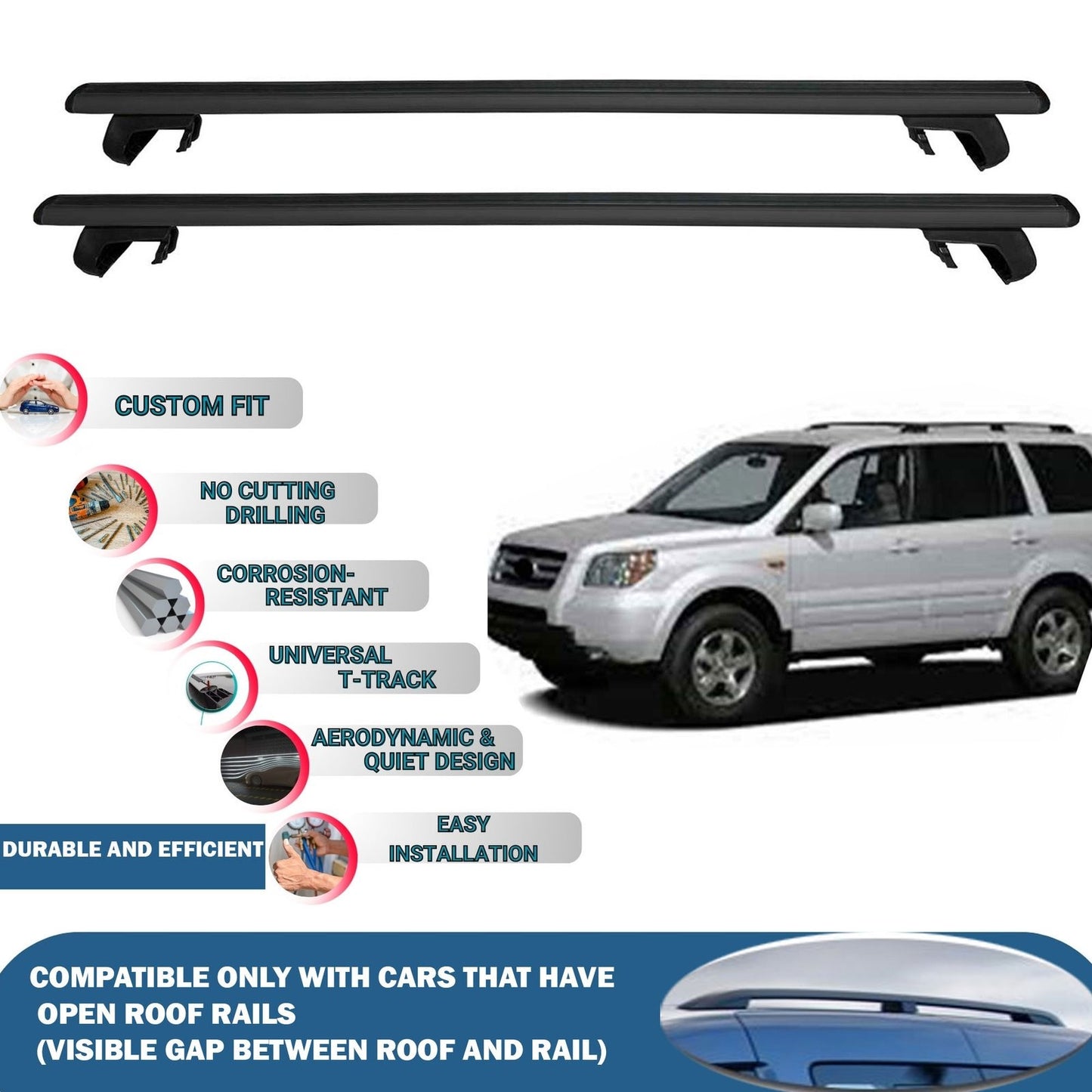 Roof Rack Cross Bars for Honda Pilot Mk1 2003-2008 Rail Carrier for Roof Tents 2 Pcs Black