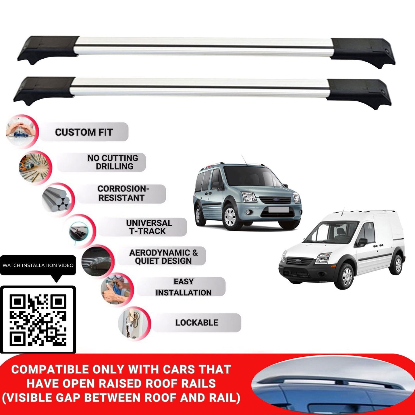 Roof Rack Cross Bars for Ford Tourneo Connect 2003-2013 Lockable Bars 2 Pcs Grey