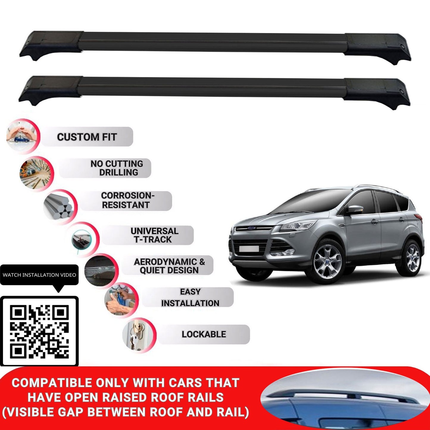 Roof Rack Cross Bars for Ford Kuga OEM 2012-2020 Lockable Roof Bars 2 Pcs Black